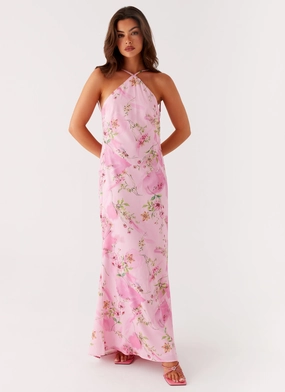 Pascal Maxi Dress - Pink Floral Print Padded-Bust Texture Play