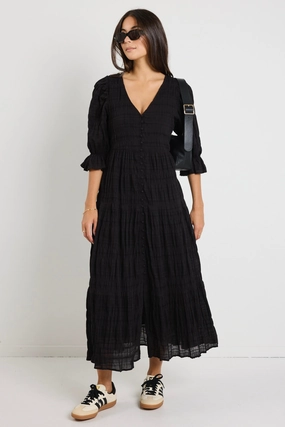 Dreamy Black Bubble SS Button Front Tiered Maxi Dress Warm Touch