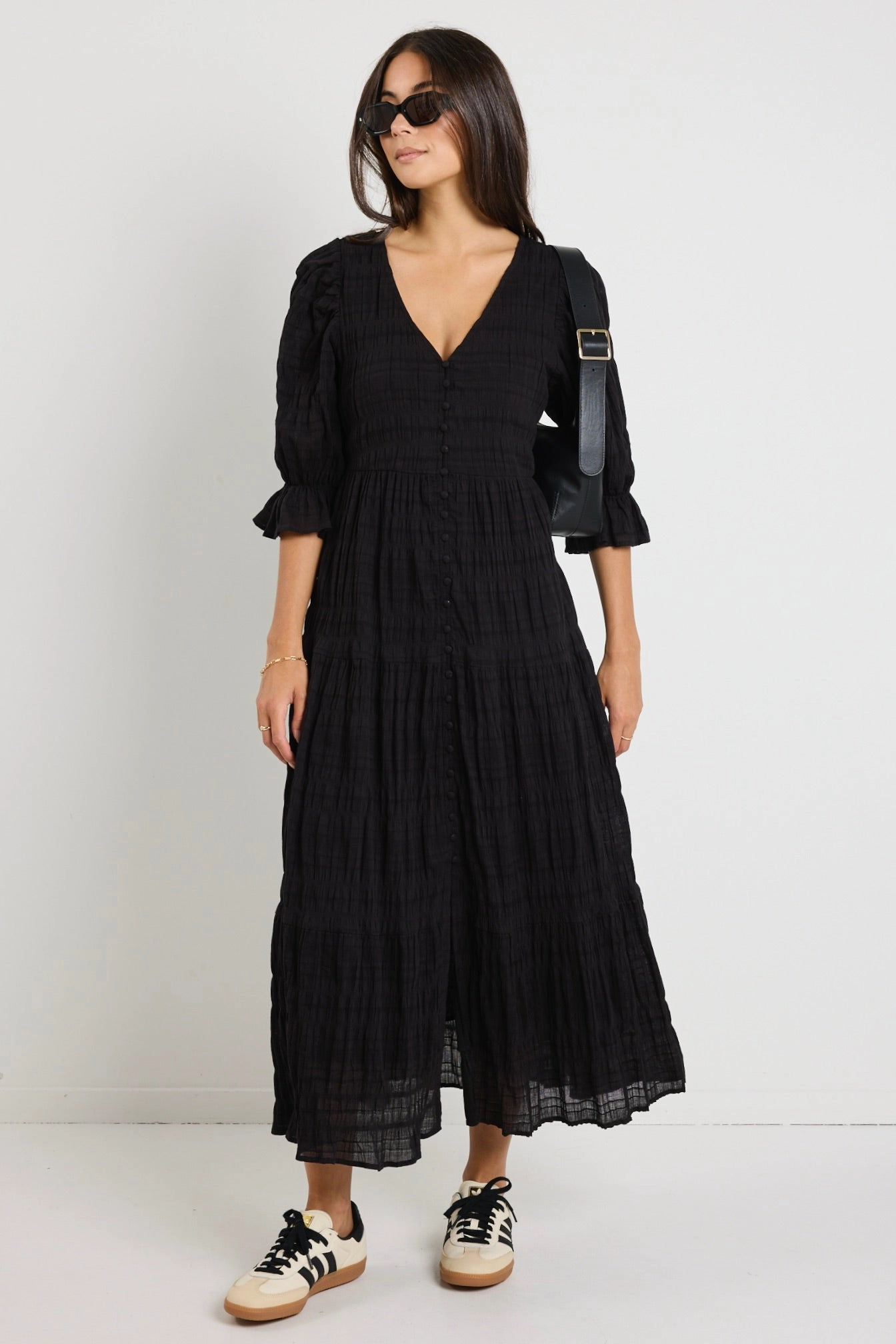 Dreamy Black Bubble SS Button Front Tiered Maxi Dress Warm Touch
