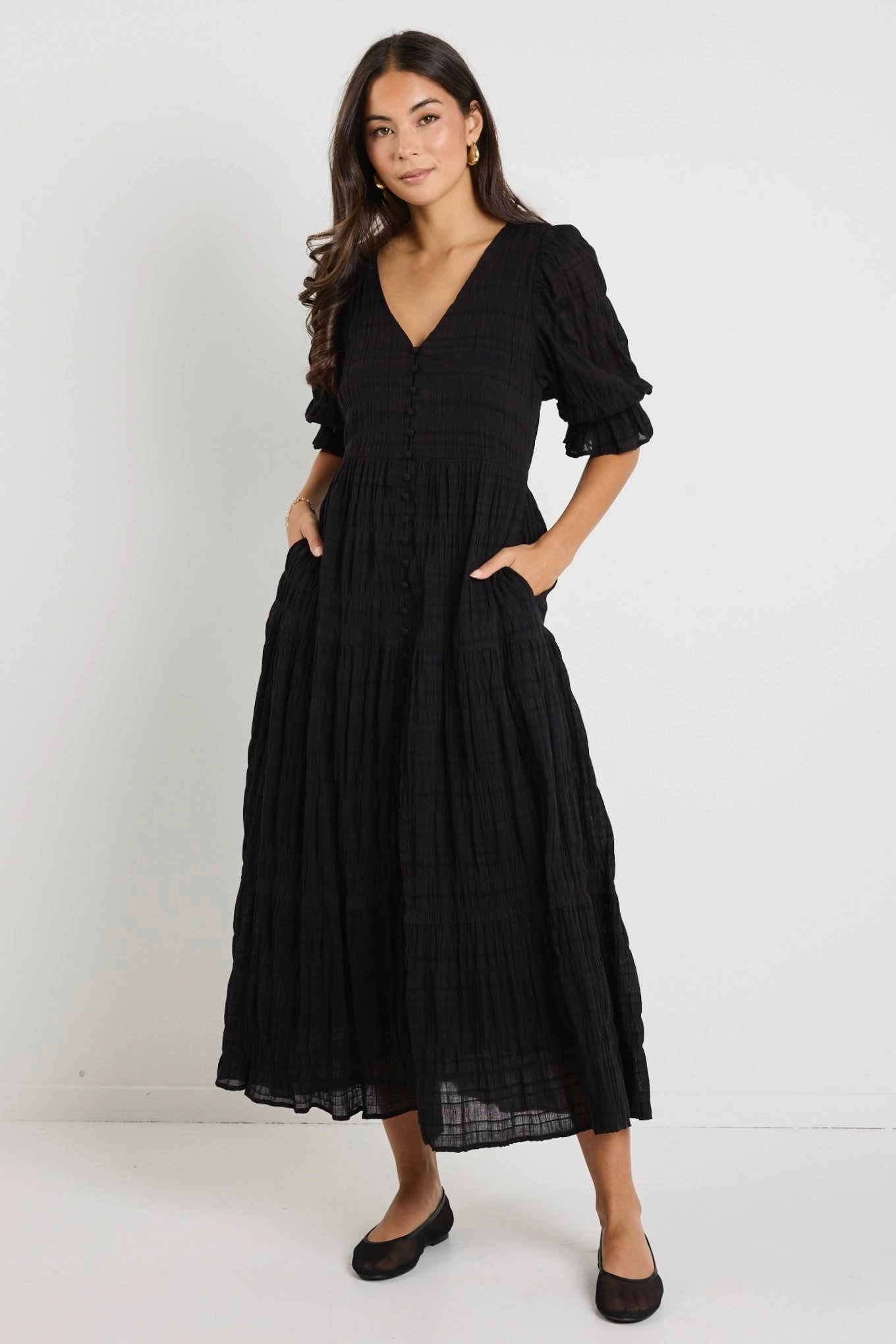 Dreamy Black Bubble SS Button Front Tiered Maxi Dress Office Layer Elegant Tailoring