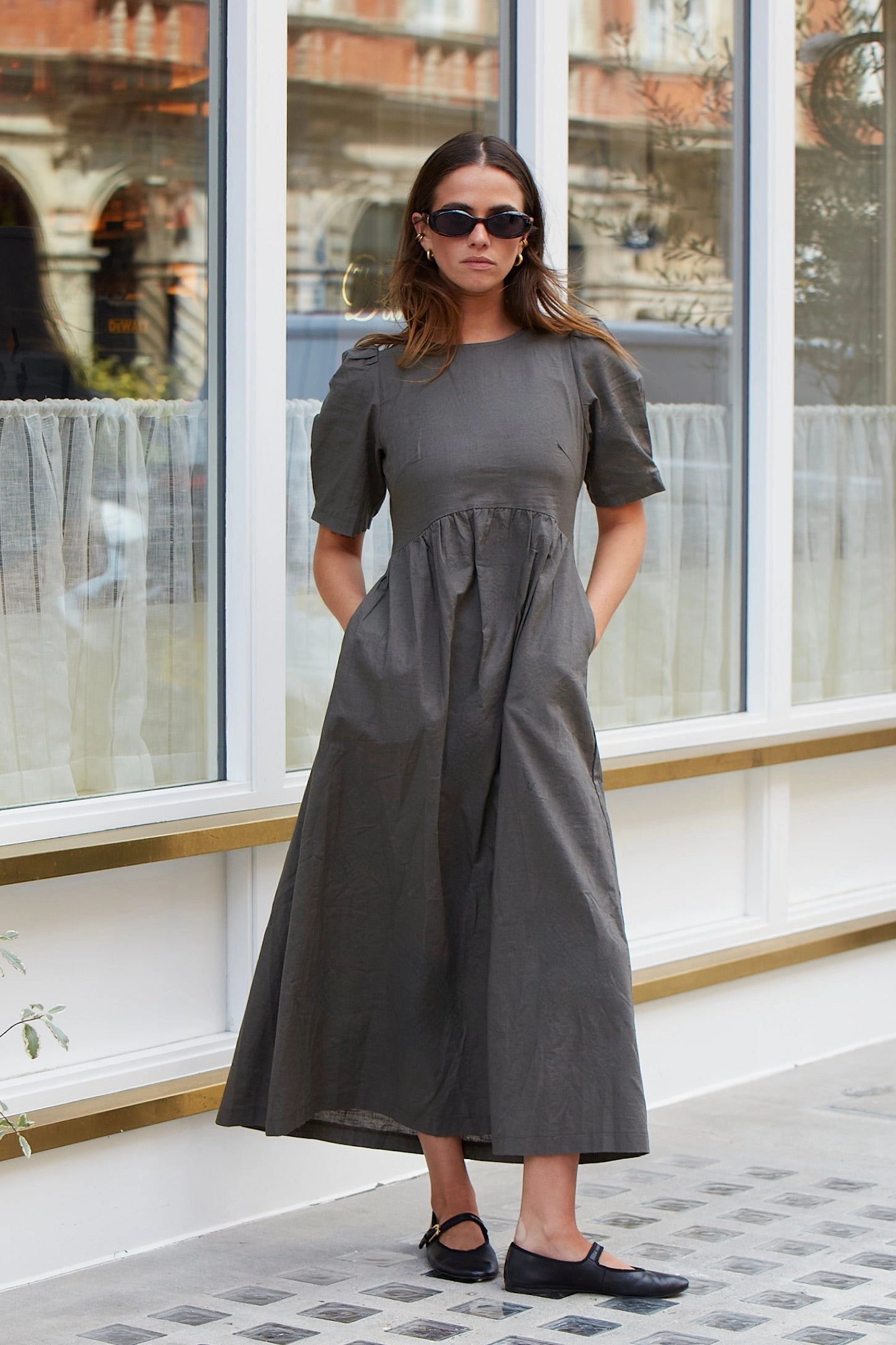 Hemisphere Khaki Short Sleeve Relaxed Midi Dress Elegant Piece