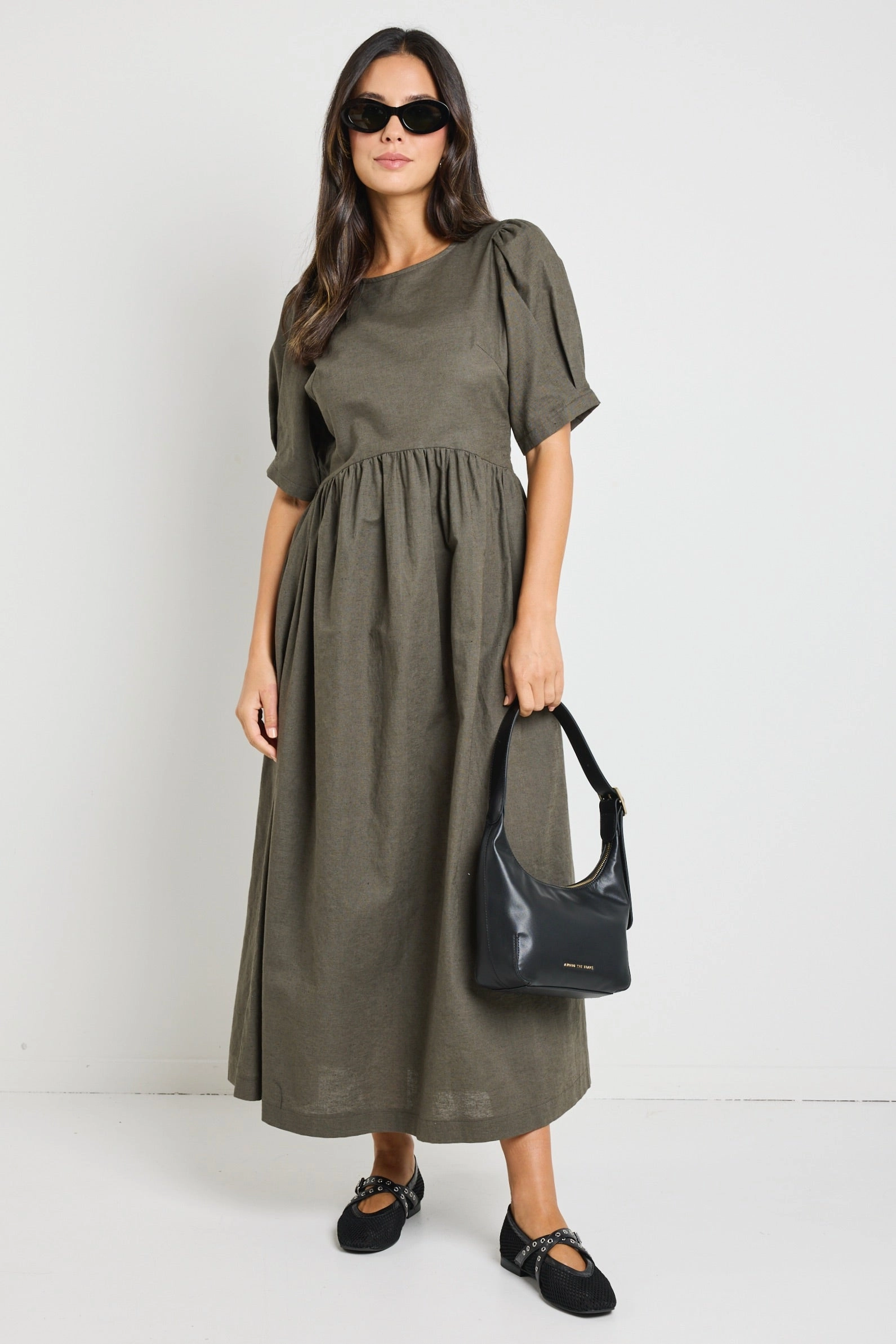 Chic Waist Design Mood Friendly Hemisphere Khaki Short Sleeve Relaxed Midi Dress