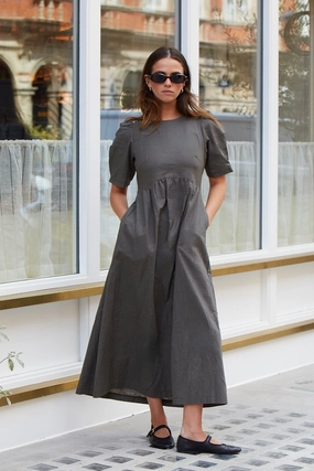 Hemisphere Khaki Short Sleeve Relaxed Midi Dress Elegant Piece