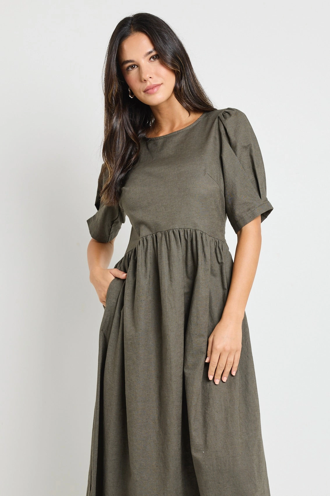 Casual Comfort Hemisphere Khaki Short Sleeve Relaxed Midi Dress