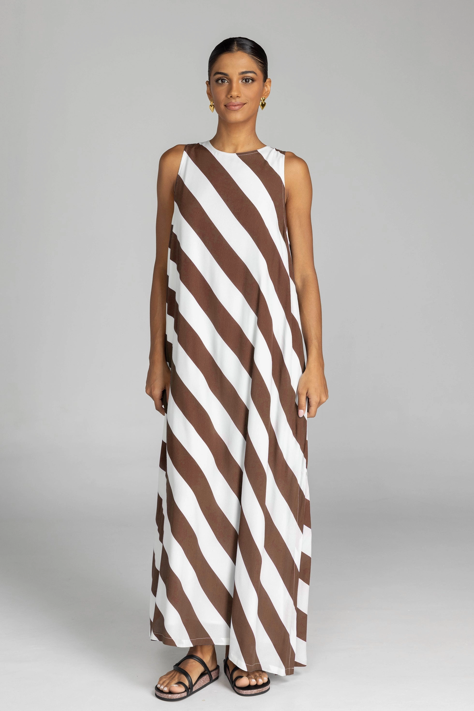 Texture Flow Finally Here Chocolate White Diagonal Stripe Sleeveless Maxi Dress