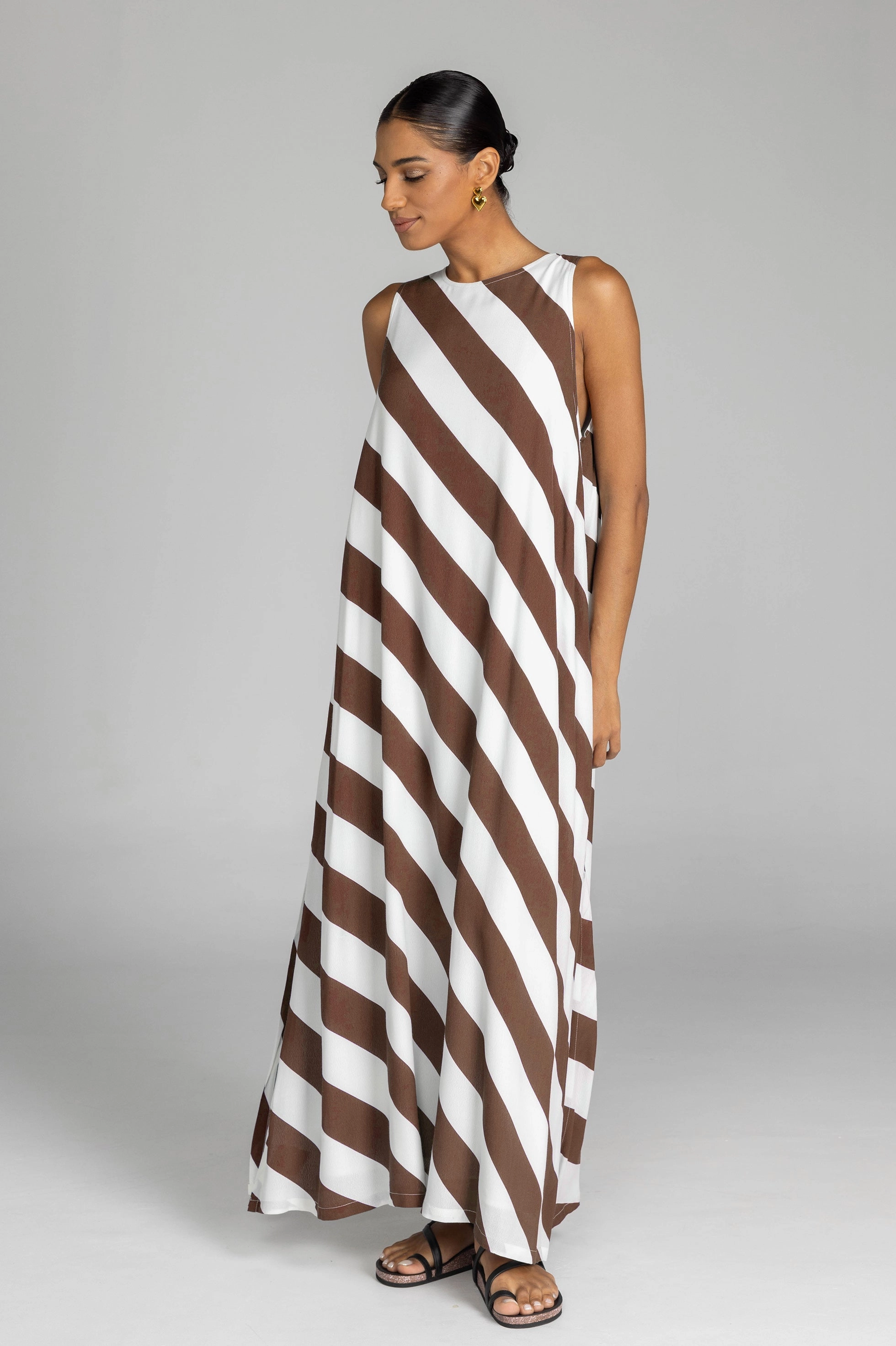 Finally Here Chocolate White Diagonal Stripe Sleeveless Maxi Dress Casual and Comfy