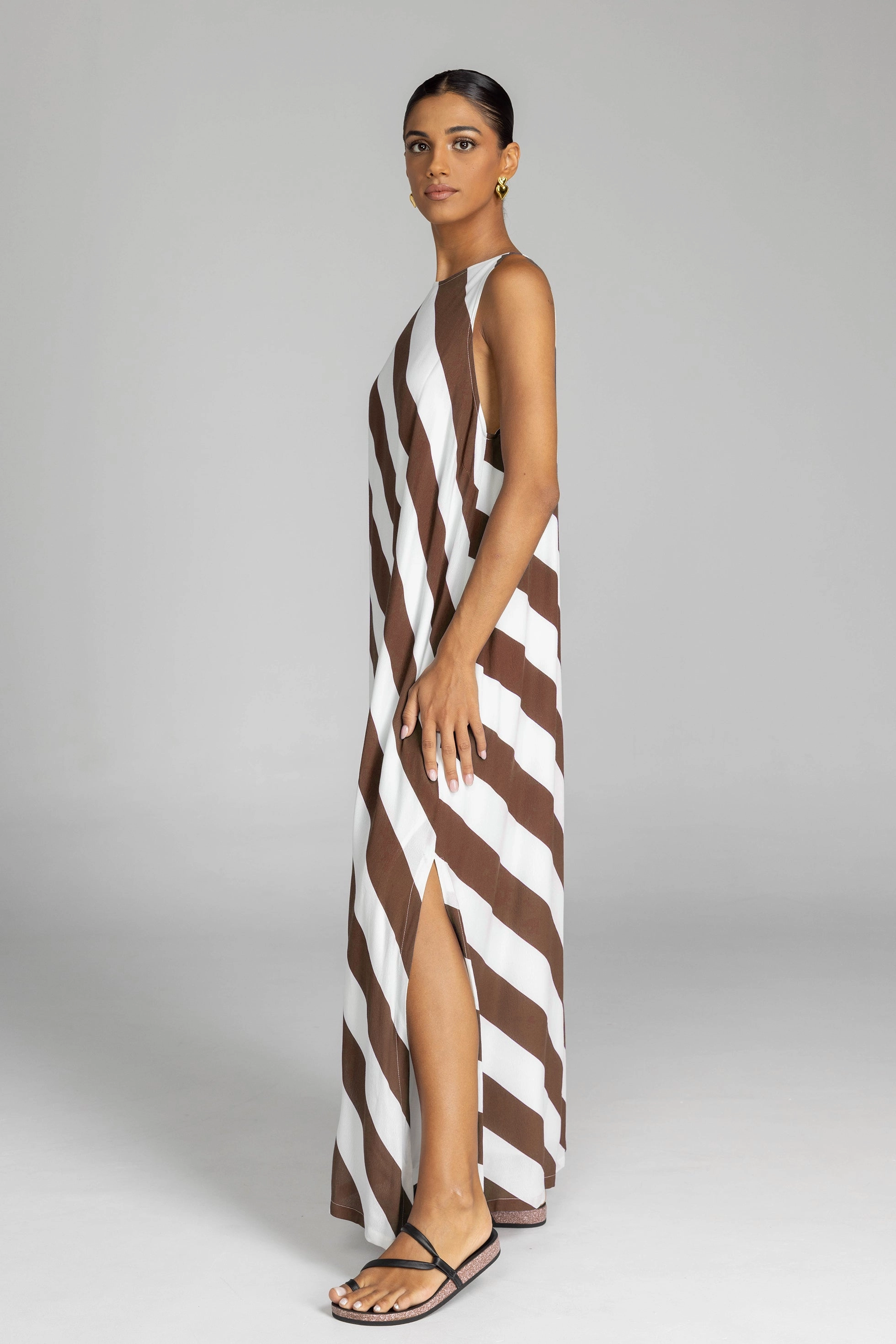 Date Ready Finally Here Chocolate White Diagonal Stripe Sleeveless Maxi Dress