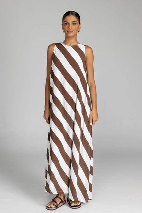 Texture Flow Finally Here Chocolate White Diagonal Stripe Sleeveless Maxi Dress
