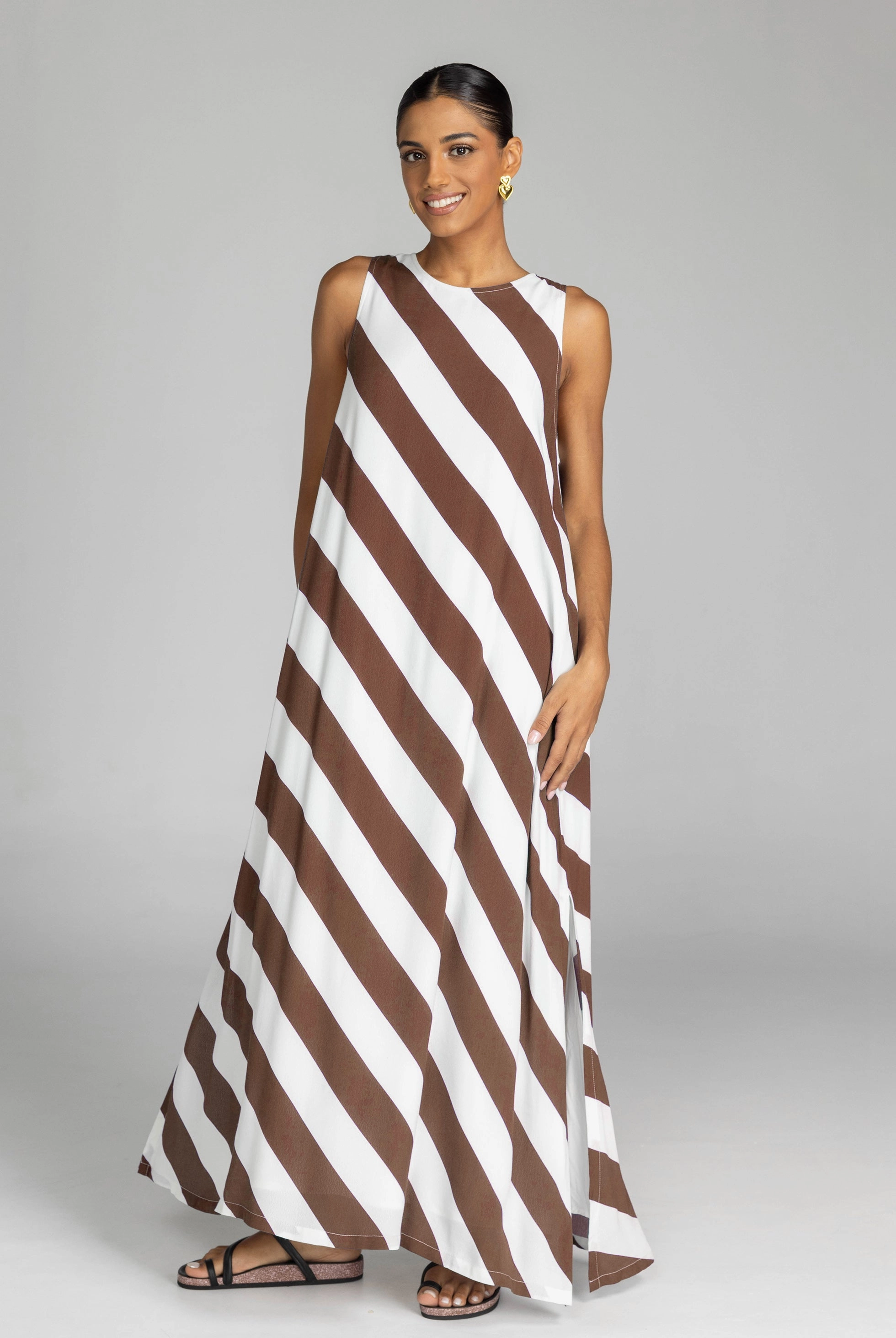 Finally Here Chocolate White Diagonal Stripe Sleeveless Maxi Dress Luxe style
