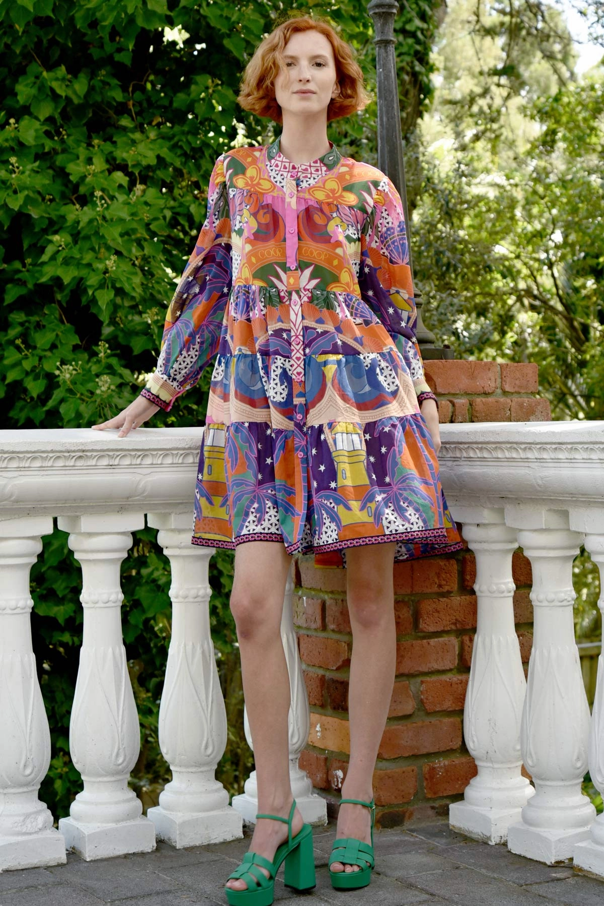 Classic and Chic Tier-Ific Bright Multi Pattern Sway Sleeved Mini Dress