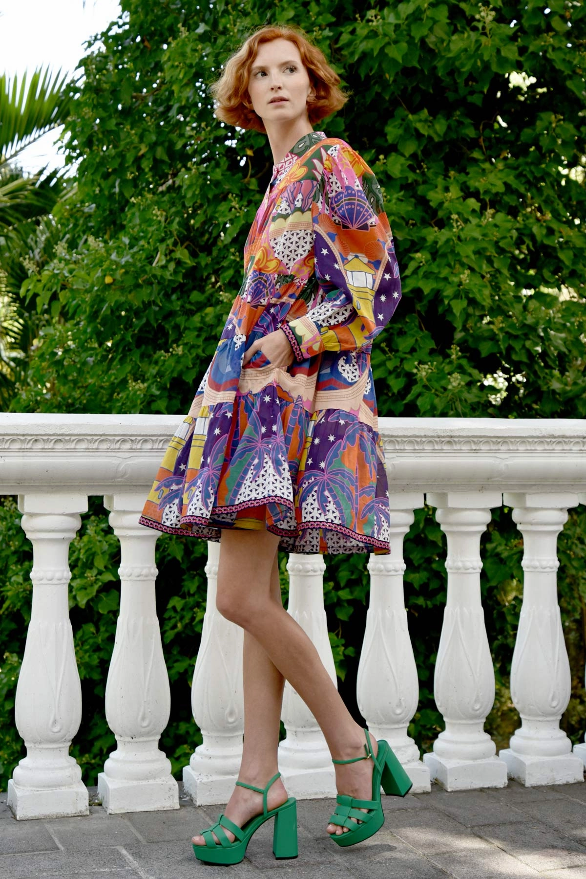 Tier-Ific Bright Multi Pattern Sway Sleeved Mini Dress Soft-Lining Smart Edge