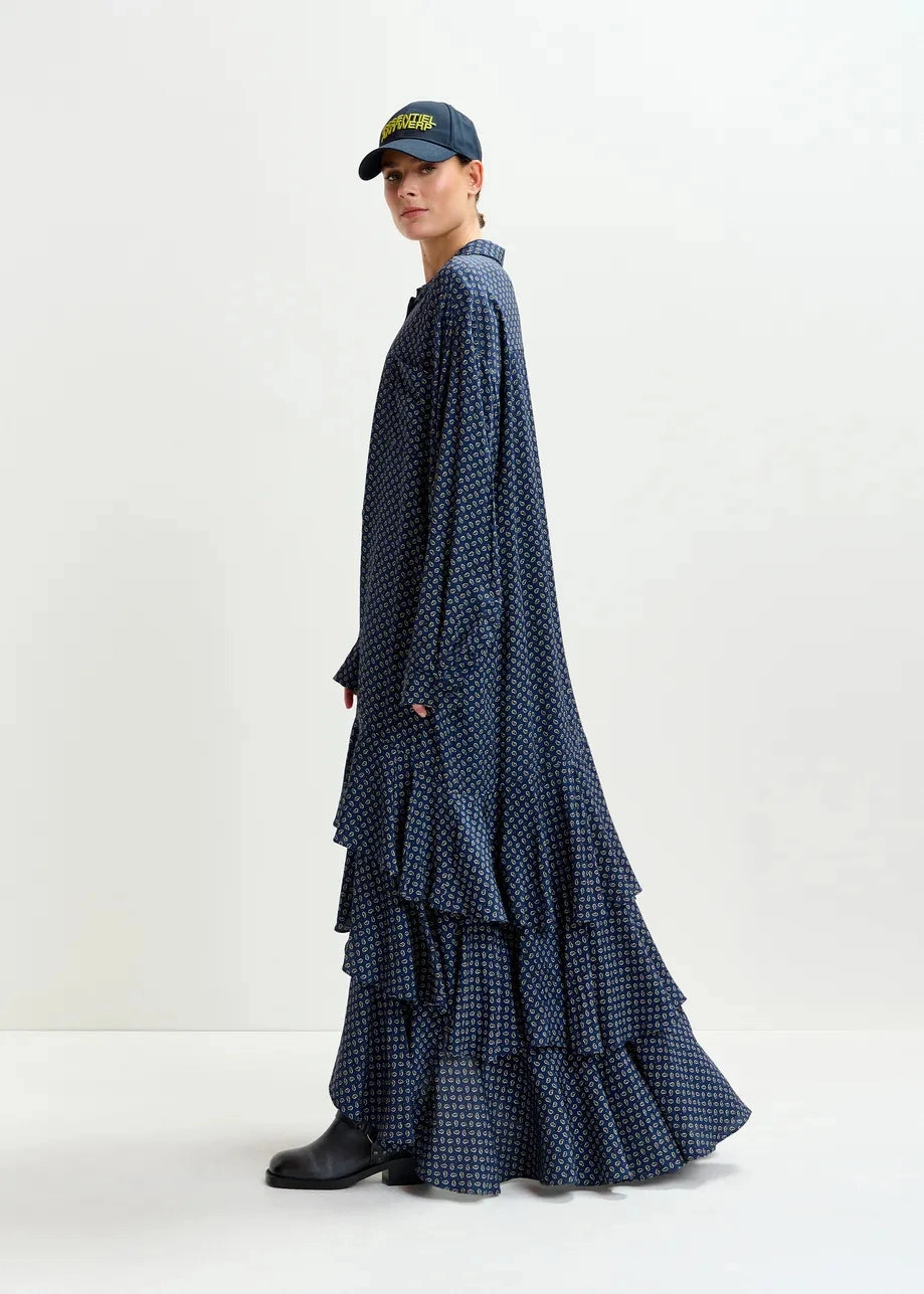 Essentiel Antwerp Imagazine Tiered Ruffle Dress in Black Iris Minimal Touch Elegant Waist