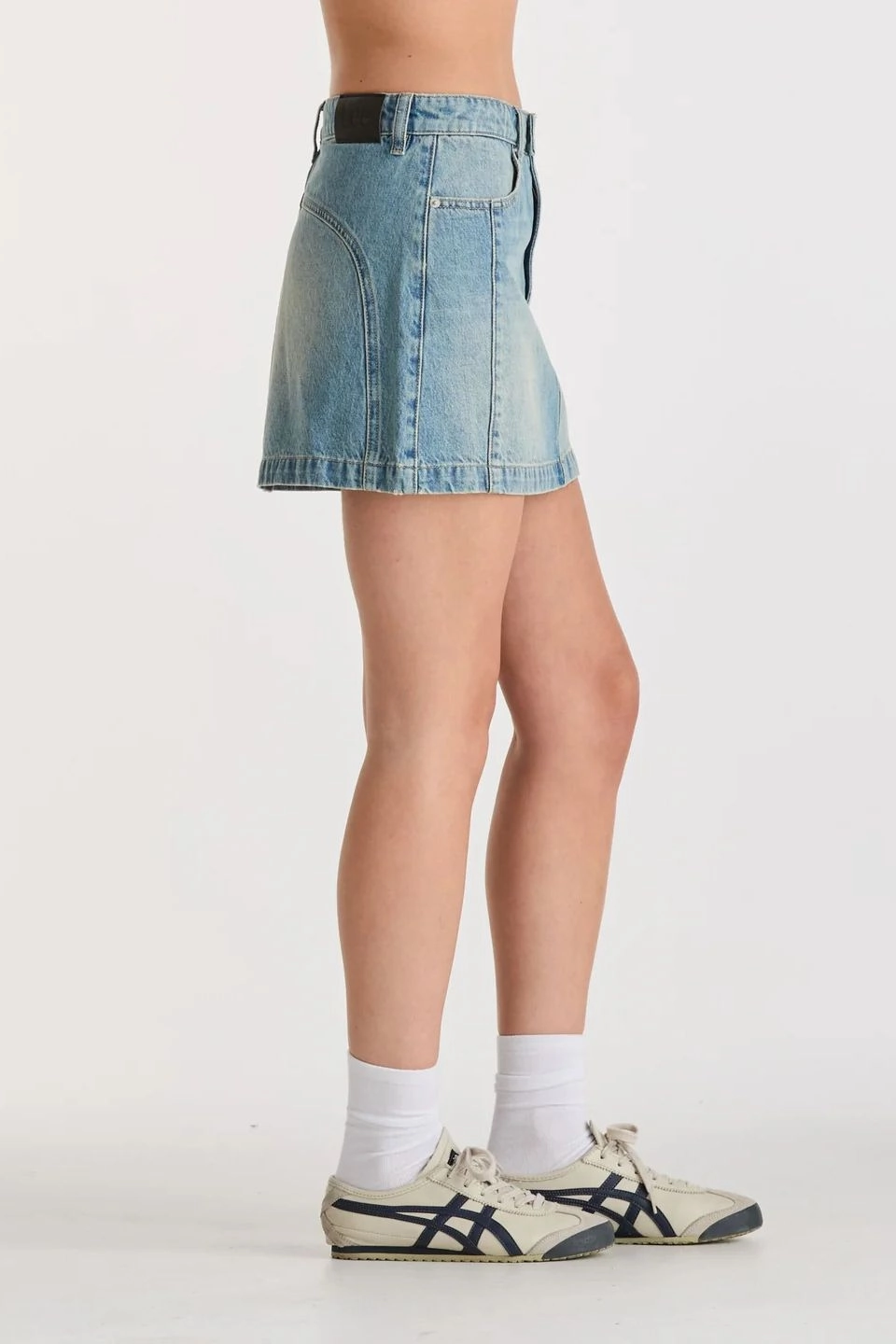 Moto Gasoline Blue Organic Cotton Denim Mini Skirt Diagonal Slit Timeless Trend