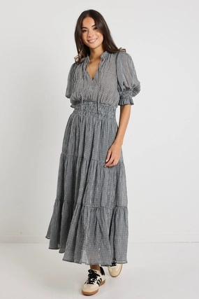 Charlie Black Gingham SS V Neck Tiered Midi Dress Love Soft Fashion Fit