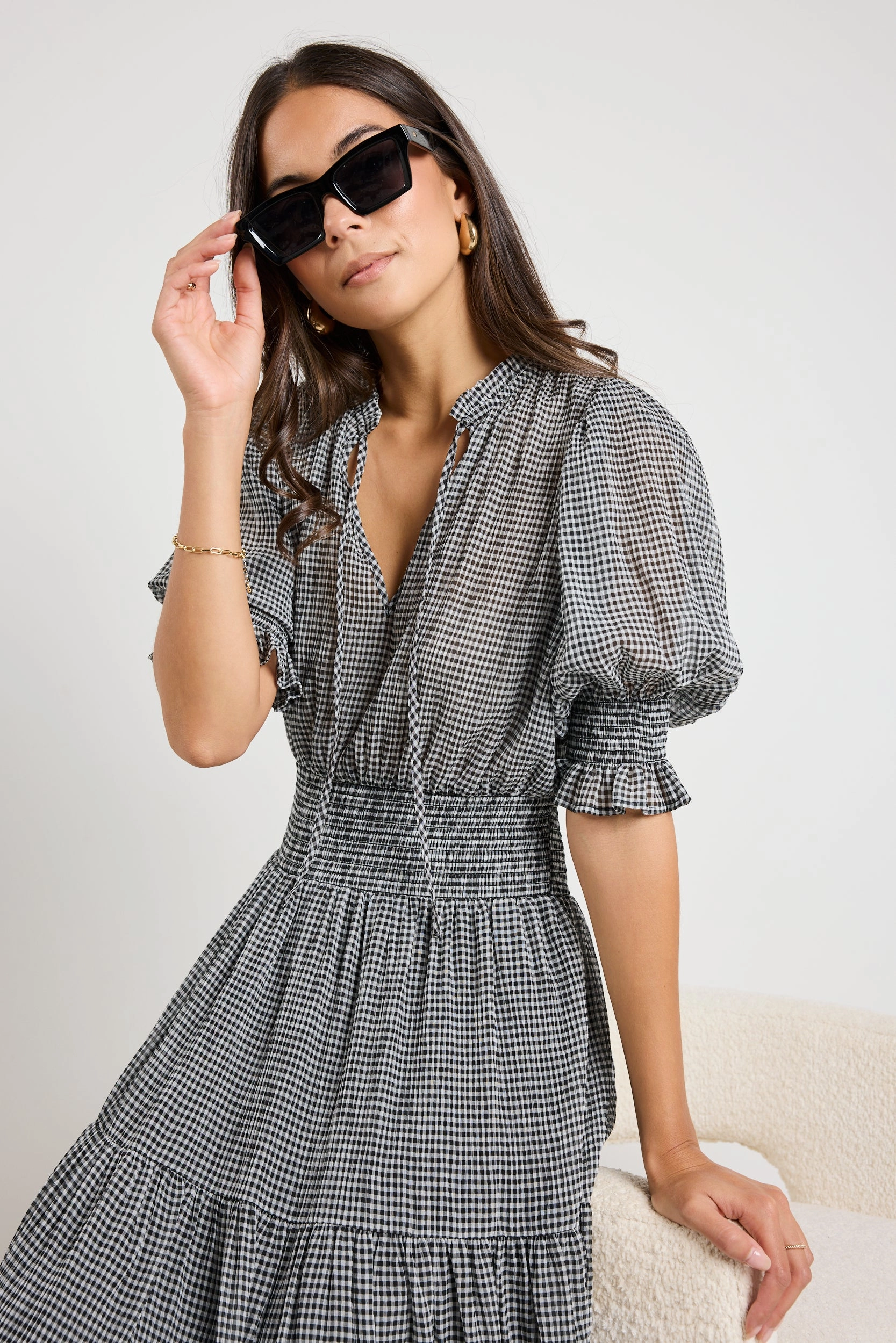 Charlie Black Gingham SS V Neck Tiered Midi Dress Classic Layers