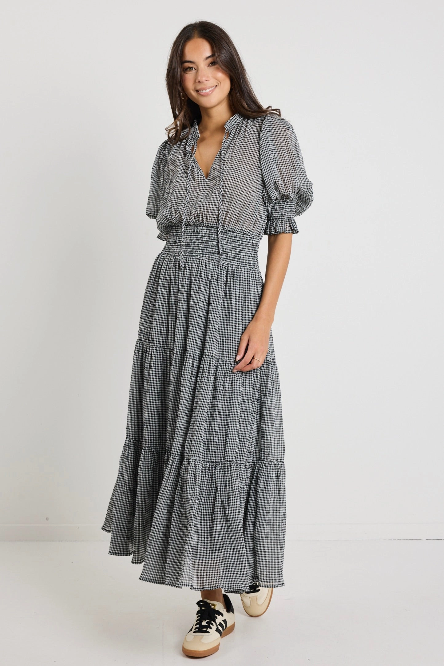Charlie Black Gingham SS V Neck Tiered Midi Dress Love Soft Fashion Fit
