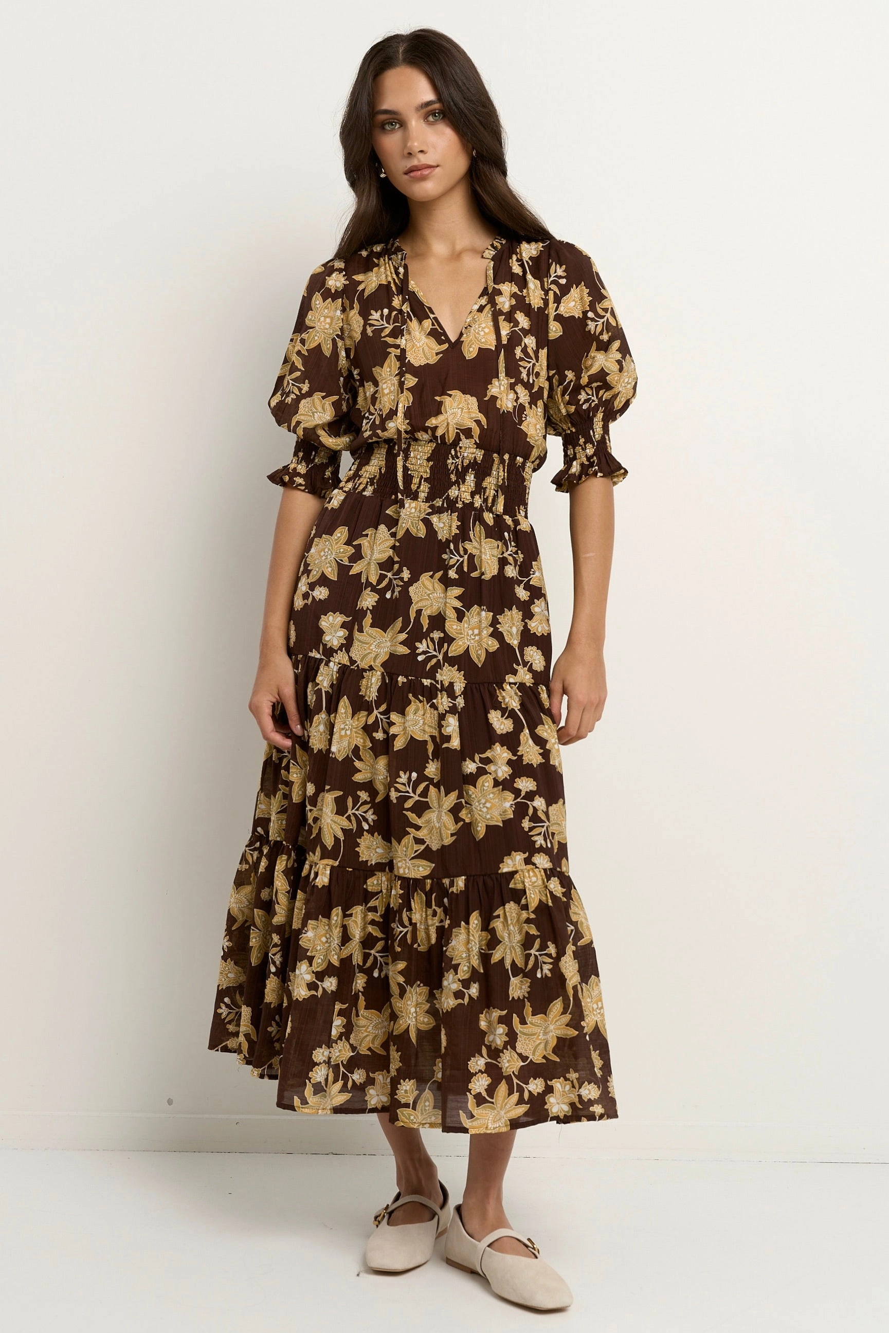 Sophisticated Style Charlie Chocolate Khaki Floral SS V Neck Tiered Midi Dress