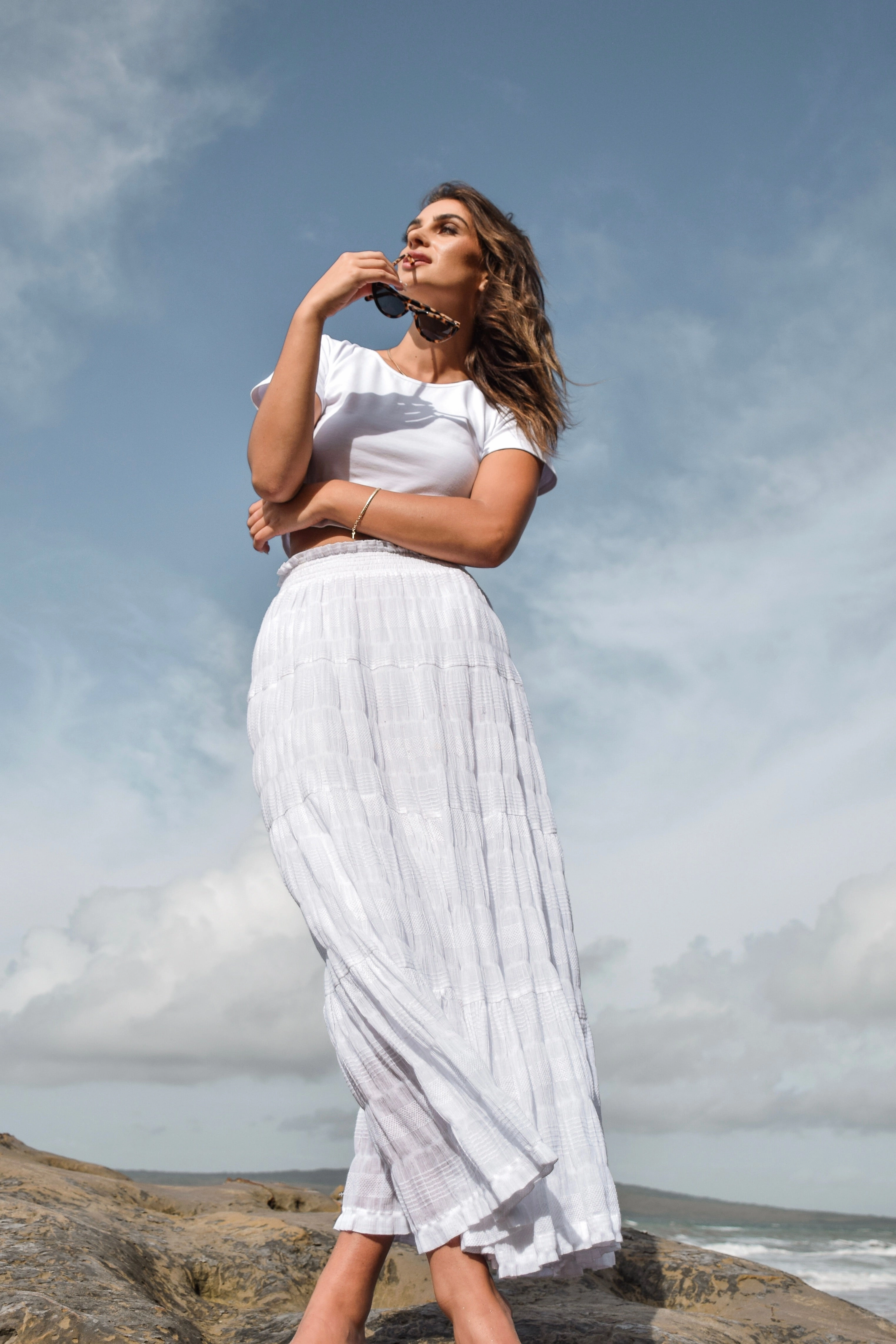 Charming White Cotton Shirred Tiered Maxi Skirt Crisp Look City Mood
