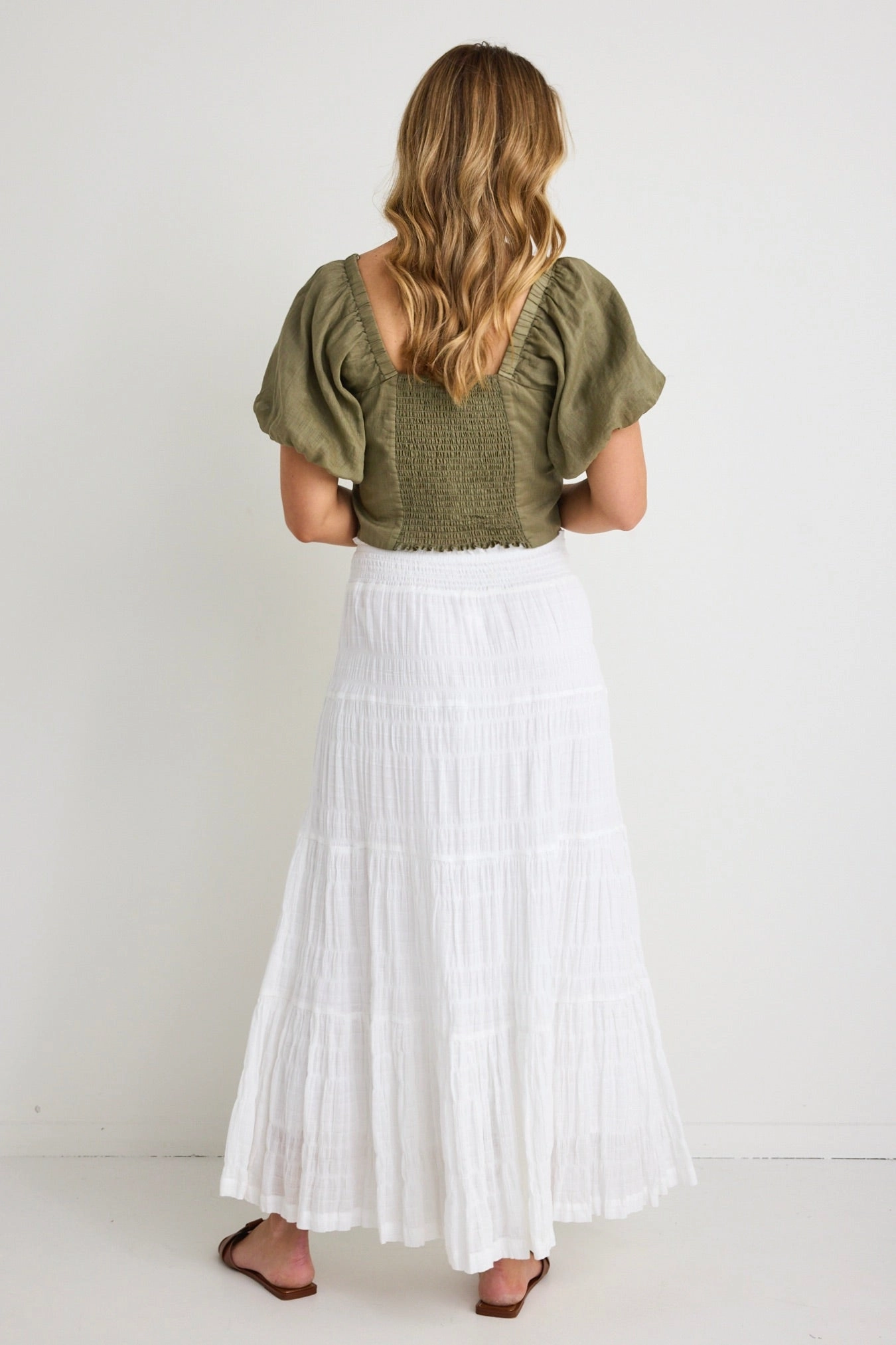 Travel Friendly Anti Pilling Treatment Charming White Cotton Shirred Tiered Maxi Skirt