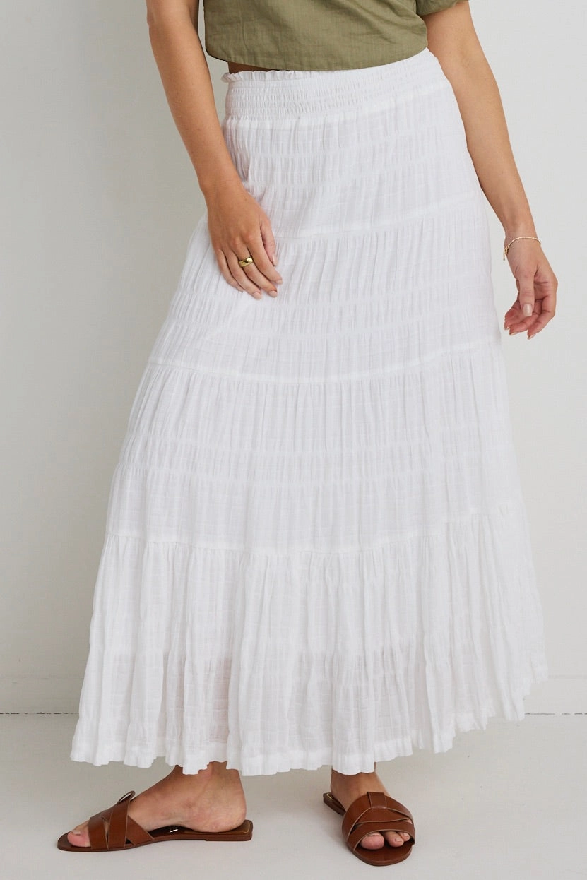 Charming White Cotton Shirred Tiered Maxi Skirt Neat Look