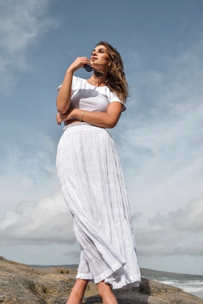 Charming White Cotton Shirred Tiered Maxi Skirt Crisp Look City Mood