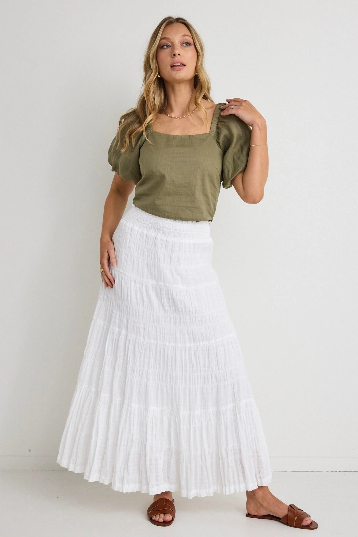 Autumn Stroll Charming White Cotton Shirred Tiered Maxi Skirt