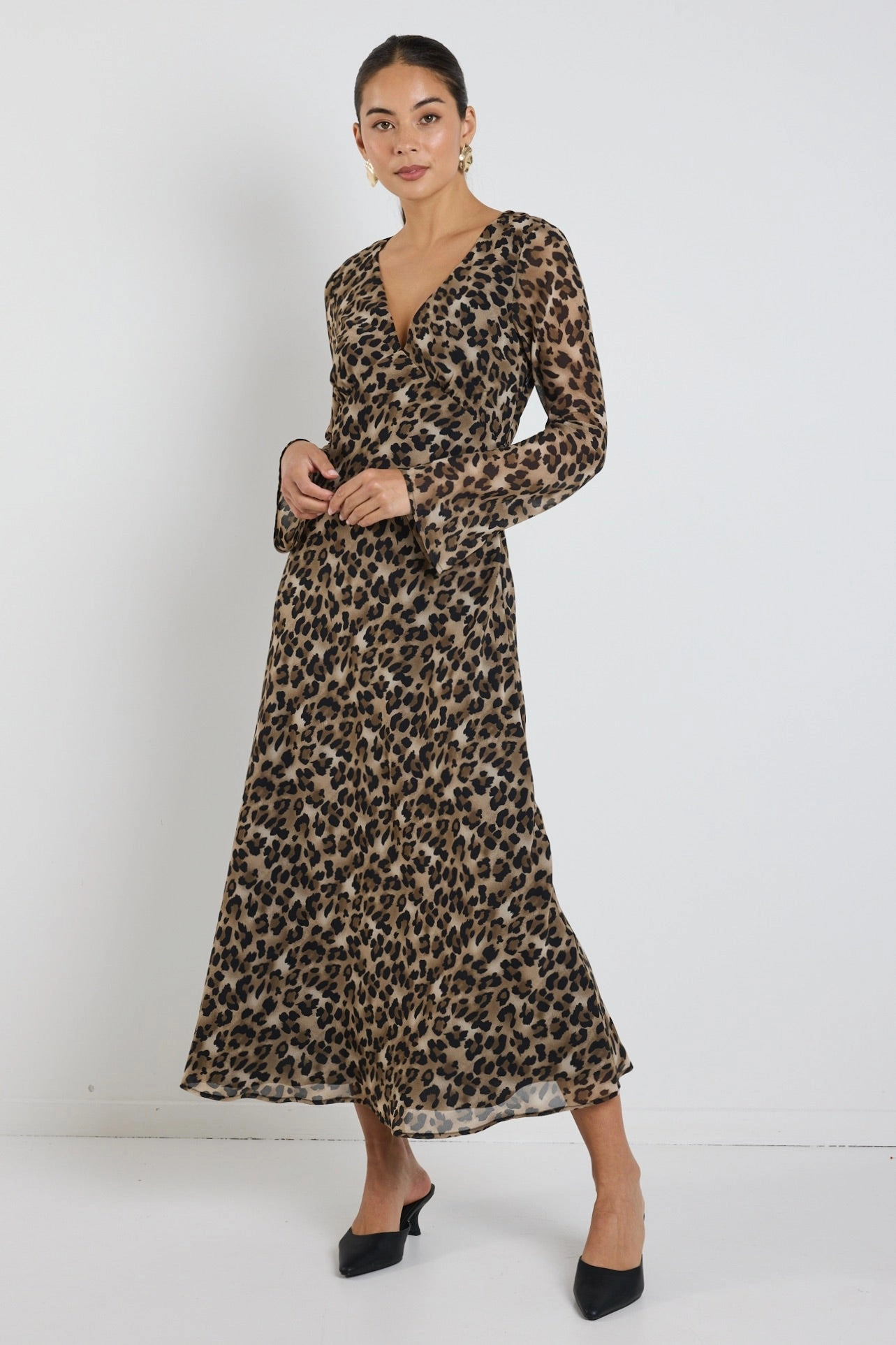 Chateau Leopard Georgette Fluted Sleeve V Bias Midi Dress Comfy Layers Modern Staple