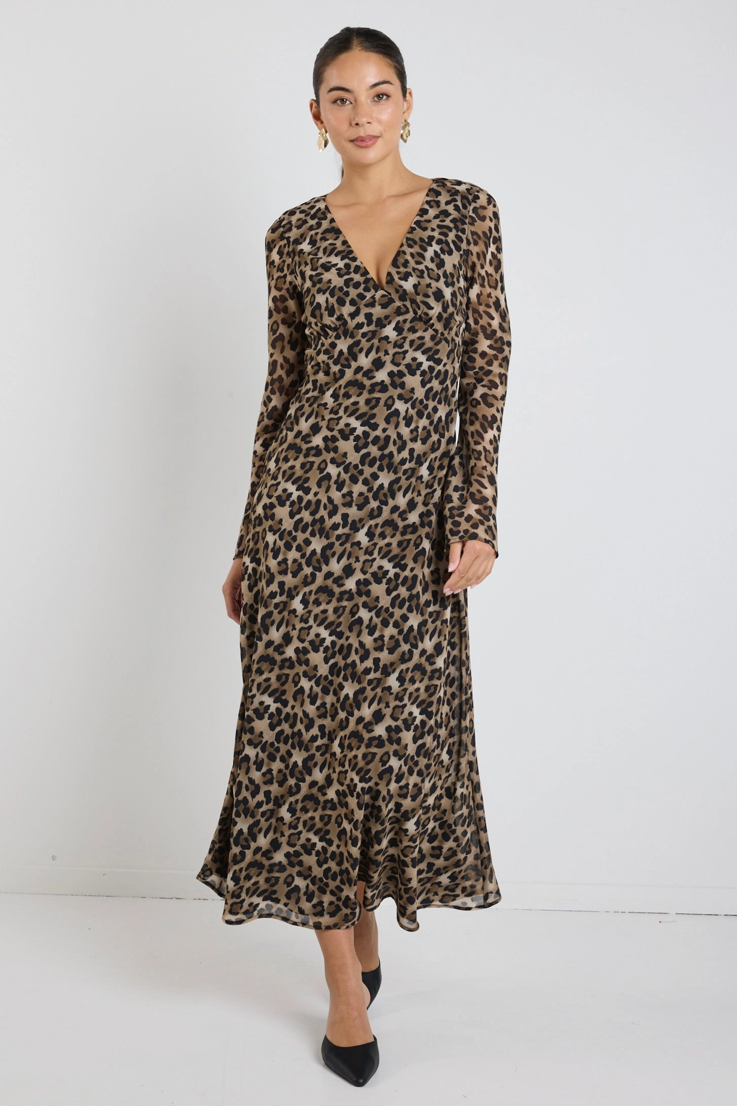 Chateau Leopard Georgette Fluted Sleeve V Bias Midi Dress Layerable Piece