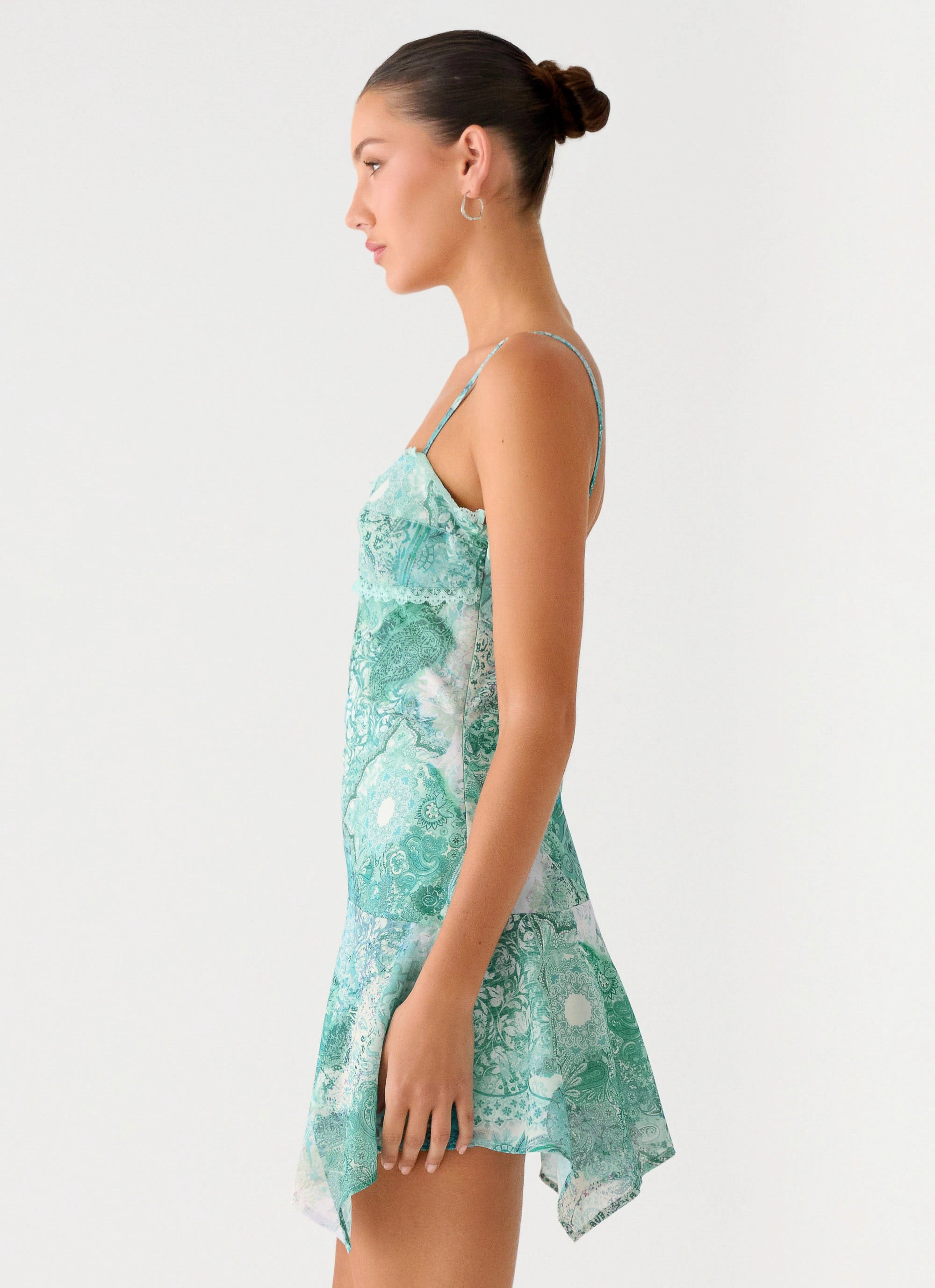 Satin Fabric Marine Mist Asymmetric Hem Mini Dress - Green Paisley
