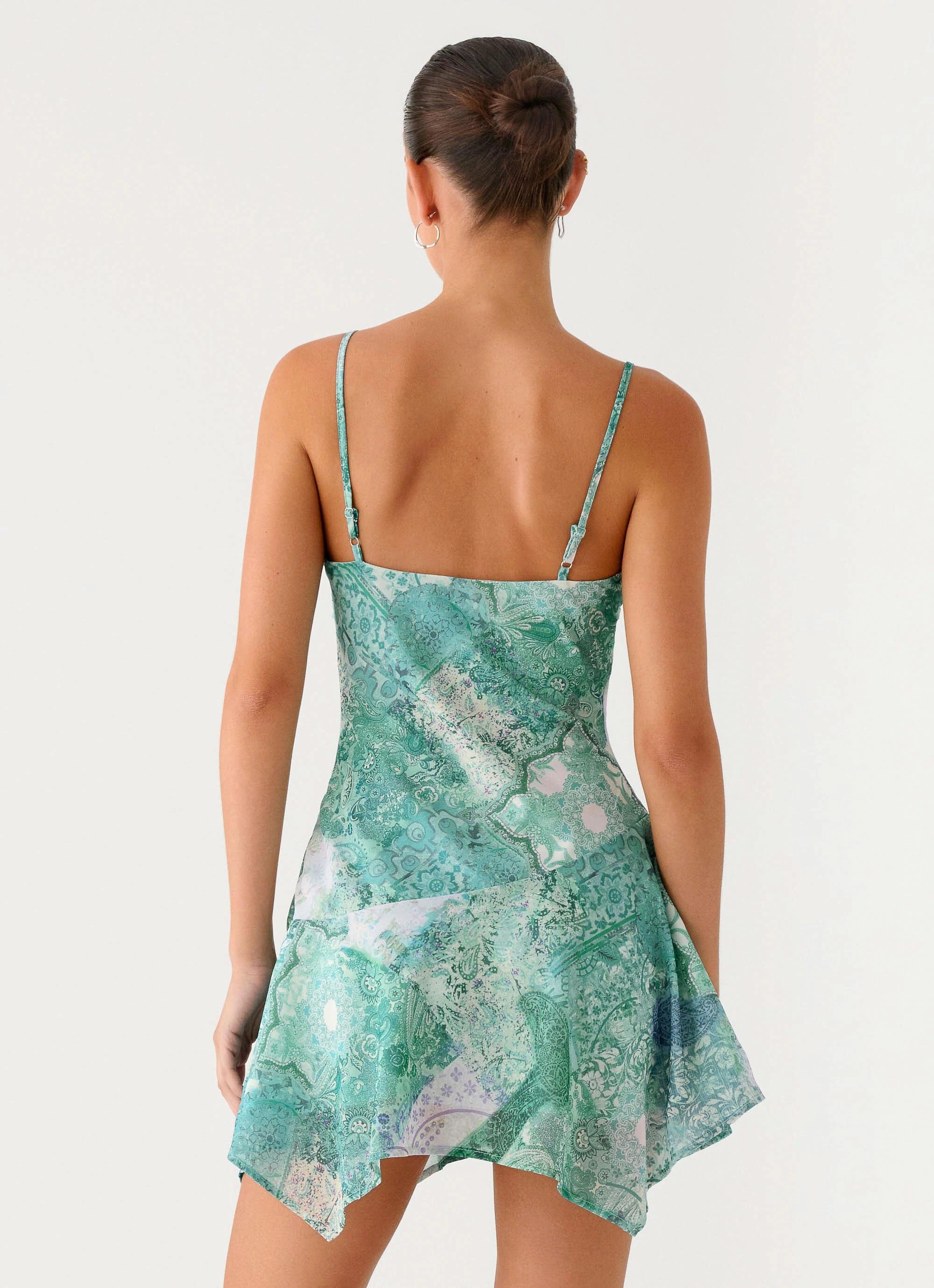 Marine Mist Asymmetric Hem Mini Dress - Green Paisley Minimal Detail