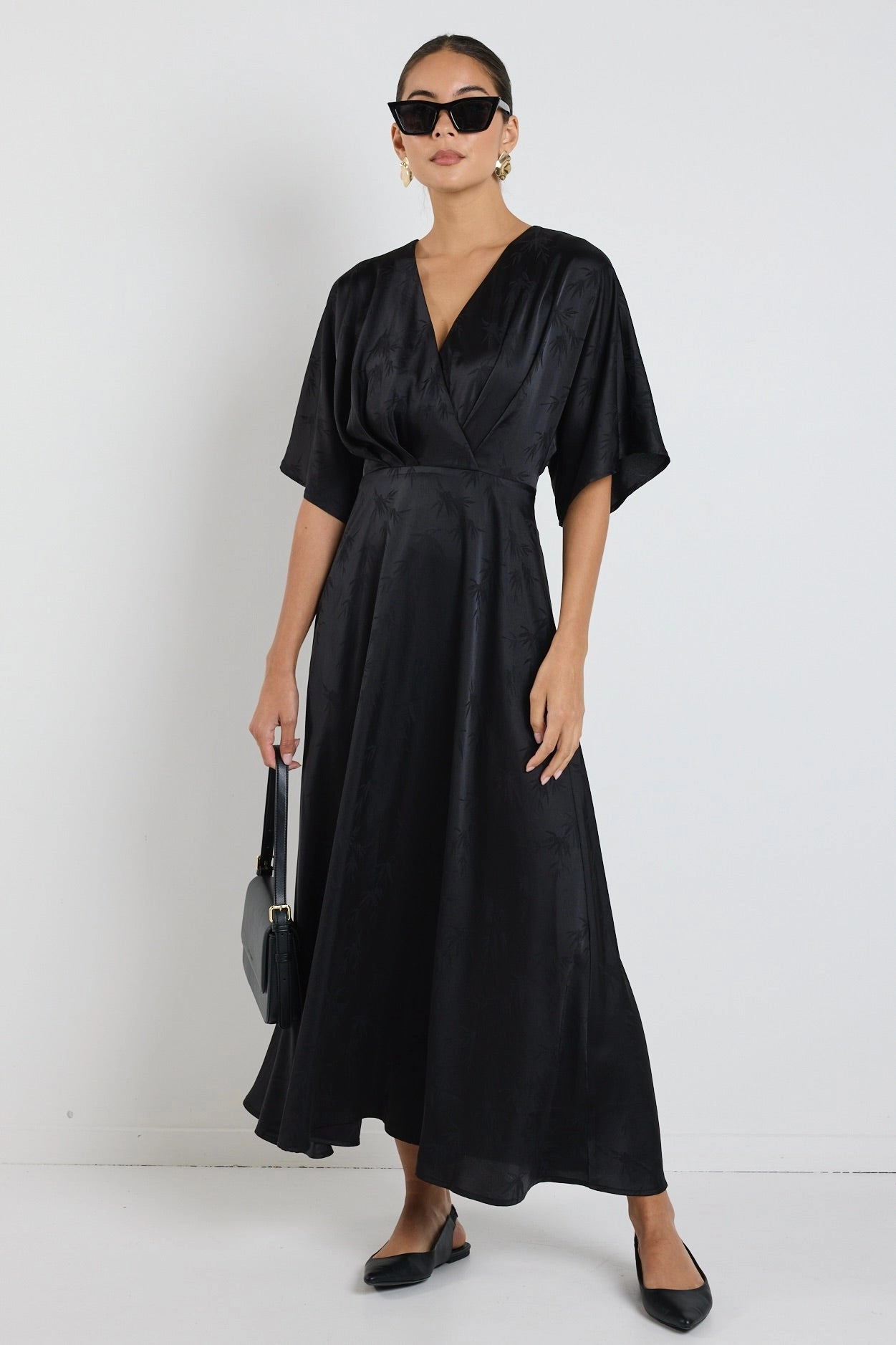 Picasso Black Jacquard SS Kimono Midi Dress Mixed Fabric Deep Hue