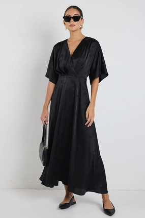 Picasso Black Jacquard SS Kimono Midi Dress Mixed Fabric Deep Hue