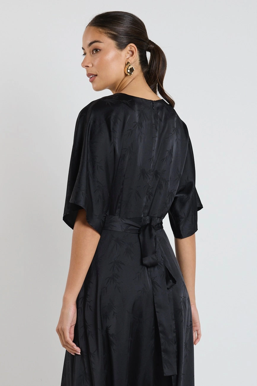 Picasso Black Jacquard SS Kimono Midi Dress Stud-Detail