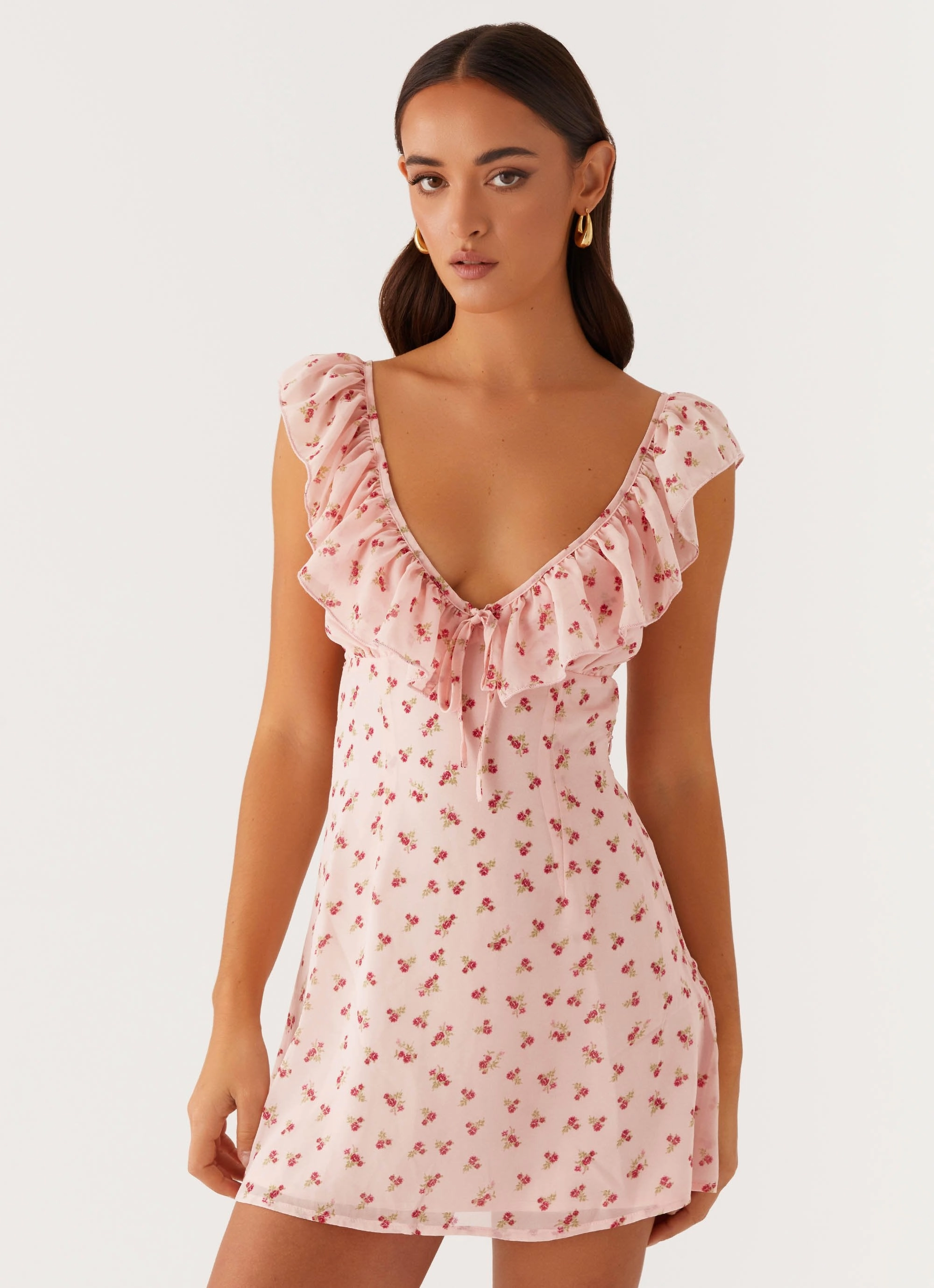 Adrina Ruffle Mini Dress - Pink Flower Soft Comfort
