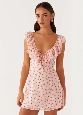 Adrina Ruffle Mini Dress - Pink Flower Soft Comfort
