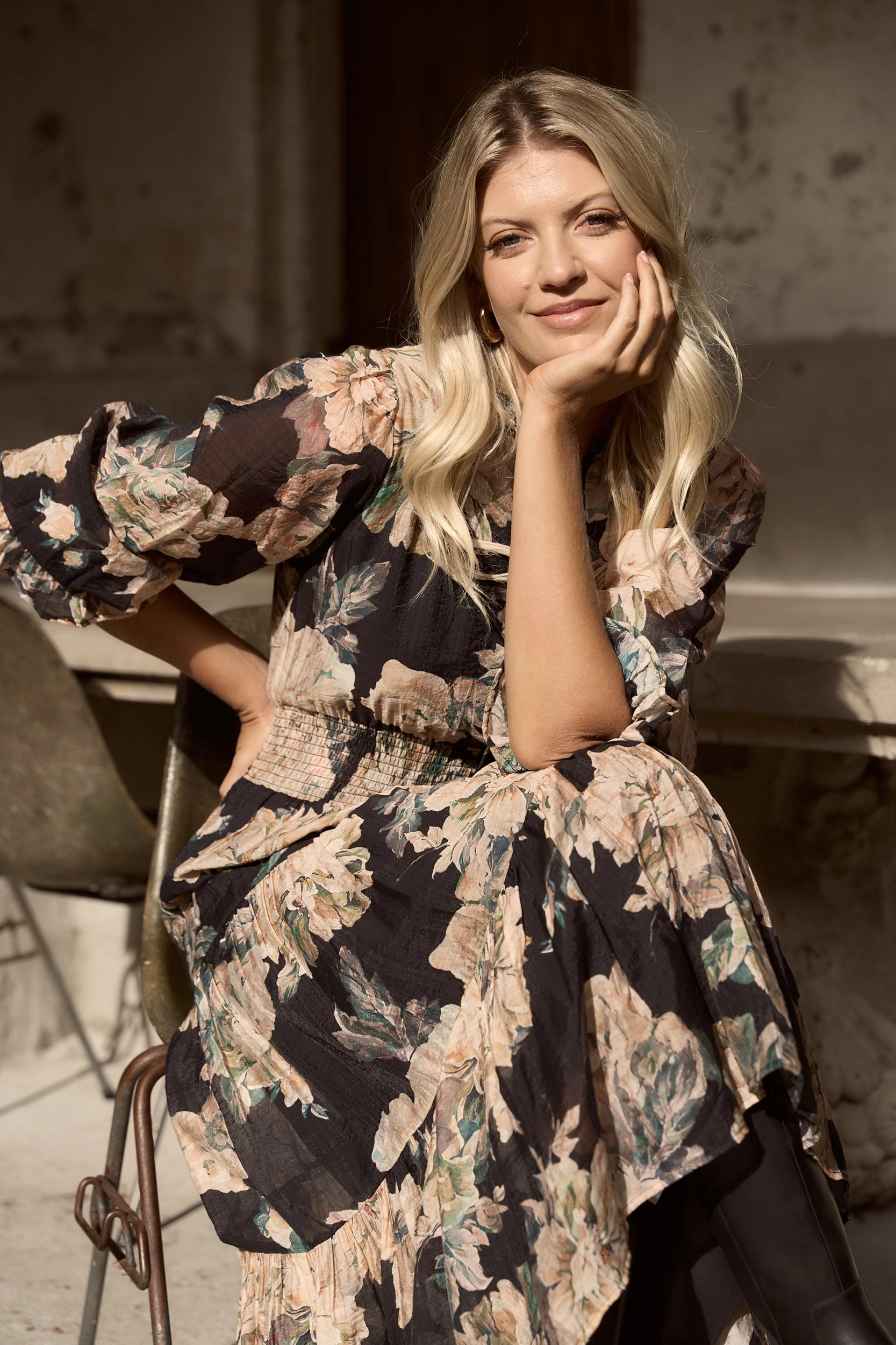 Addition Navy Peach Floral LS shirred Waist Tiered Maxi Dress Sleek Comfort Work Pairing