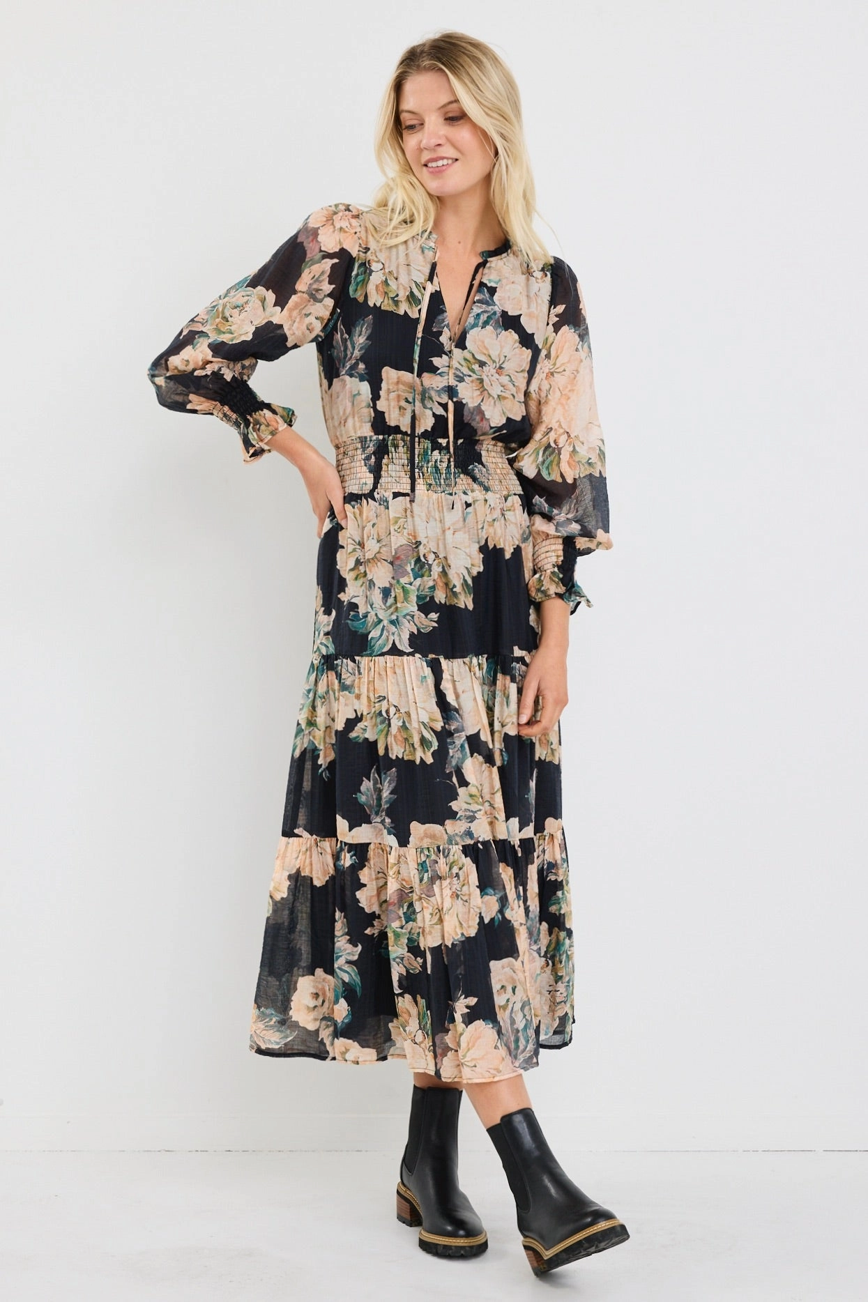 Natural Silhouette Addition Navy Peach Floral LS shirred Waist Tiered Maxi Dress