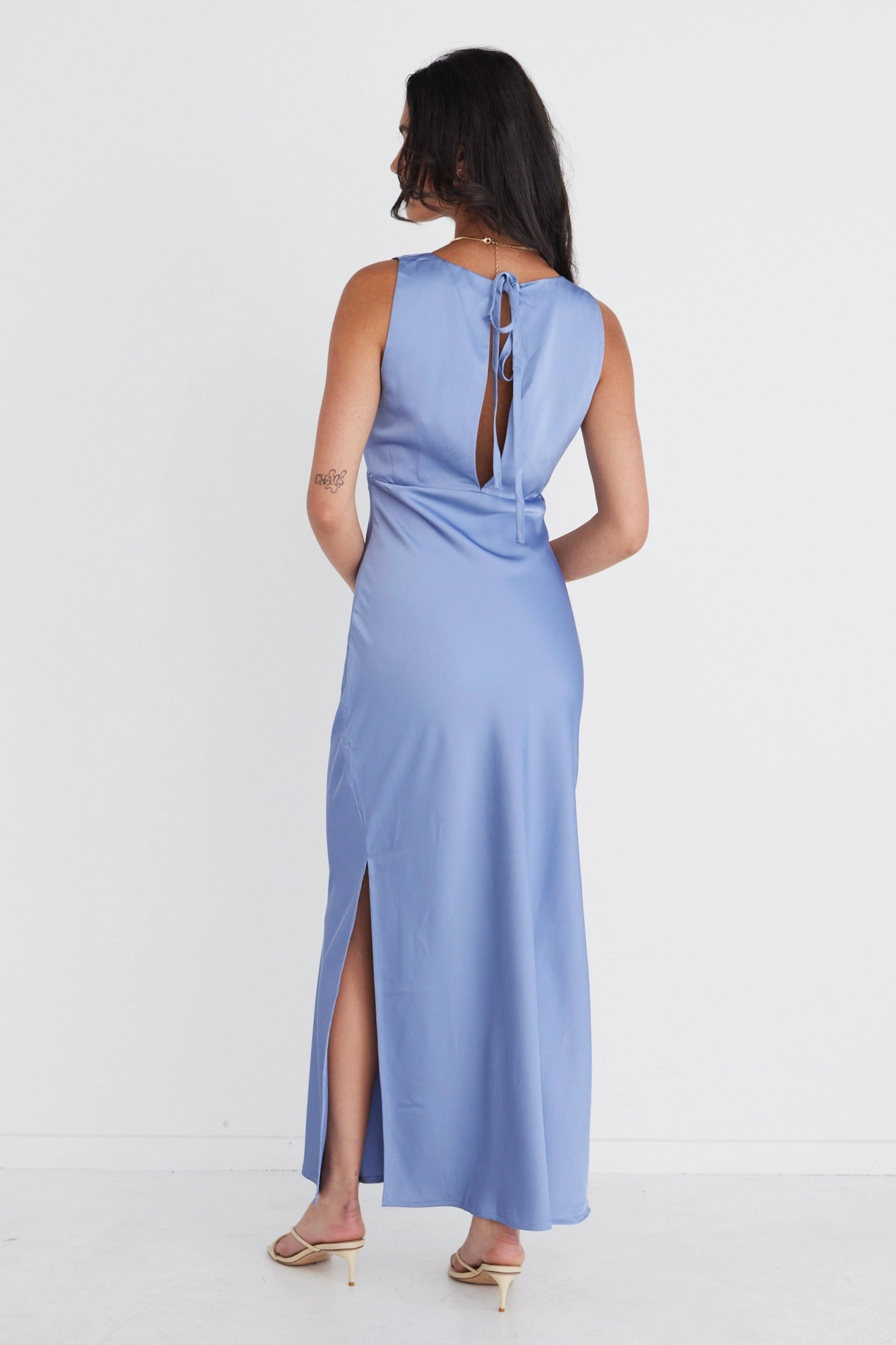 Mable Slate Satin Sleeveless Empire Tie Back Maxi Dress Comfortable fit for outings