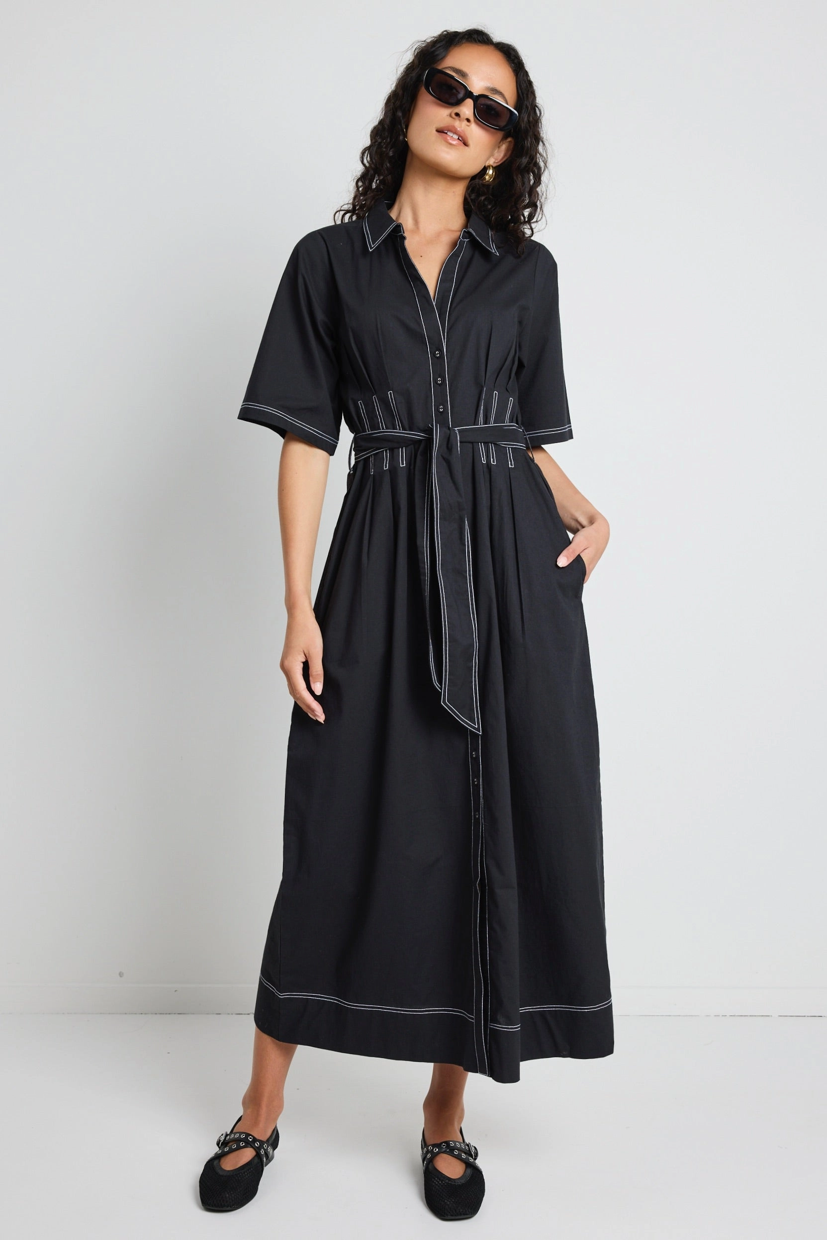 Service Black Cotton Short Sleeve Midi Shirt Dress Abrasion-resistant Trendy Fit