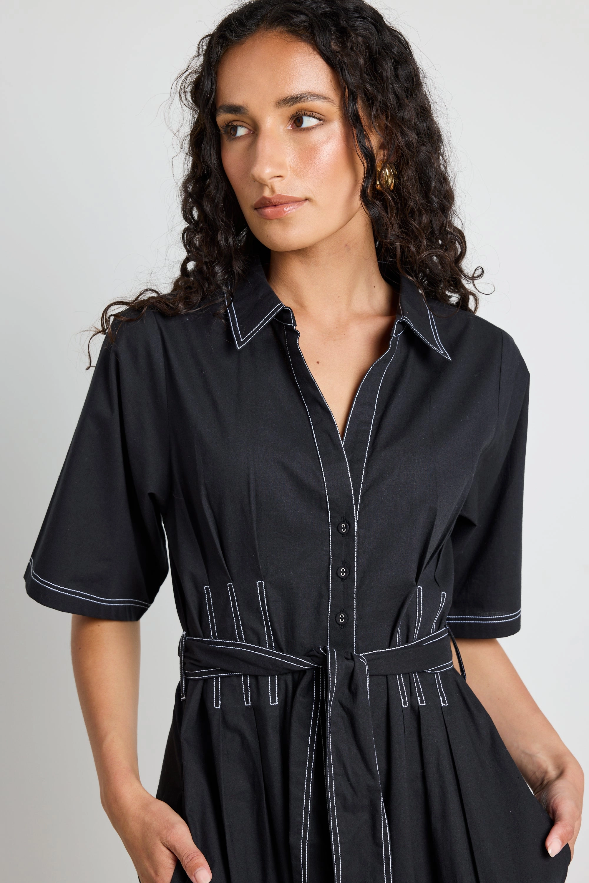 Service Black Cotton Short Sleeve Midi Shirt Dress Tailored Waistband Timeless fitted silhouette