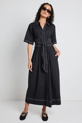 Service Black Cotton Short Sleeve Midi Shirt Dress Abrasion-resistant Trendy Fit