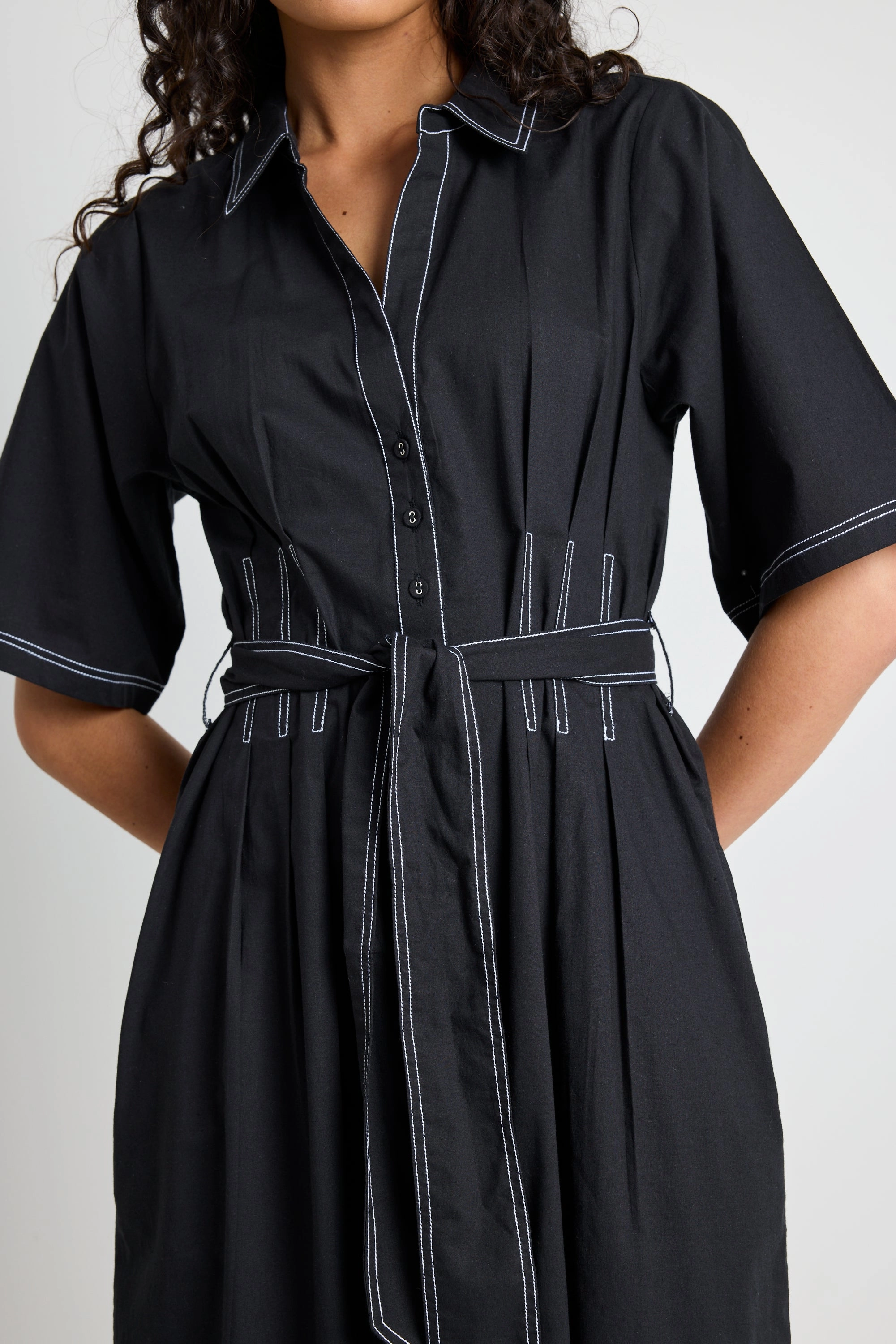 Service Black Cotton Short Sleeve Midi Shirt Dress Vacation Vibe Versatile dress for layering