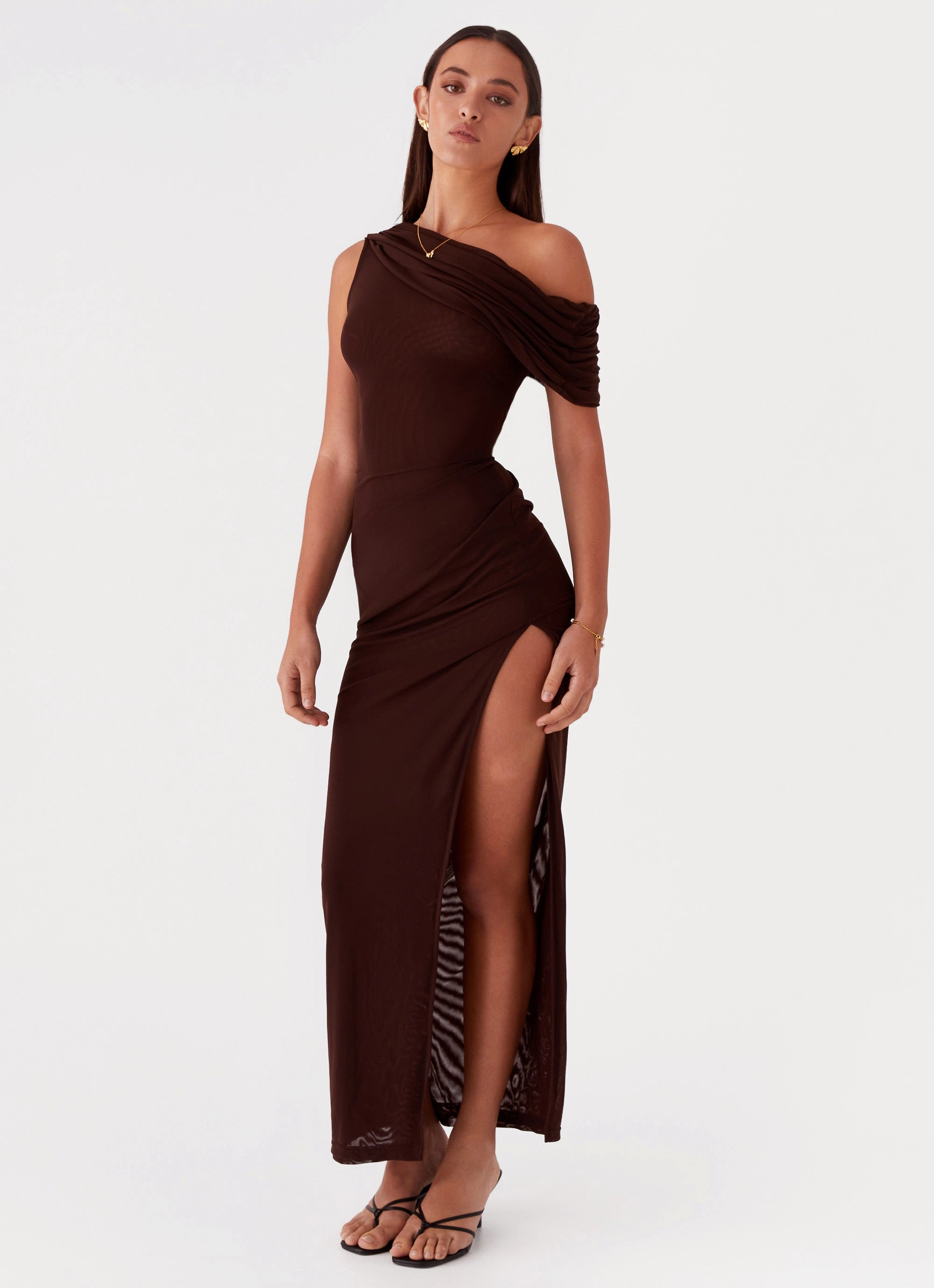 Ciara One Shoulder Draped Maxi Dress - Chocolate Balanced Tones Chic Direction