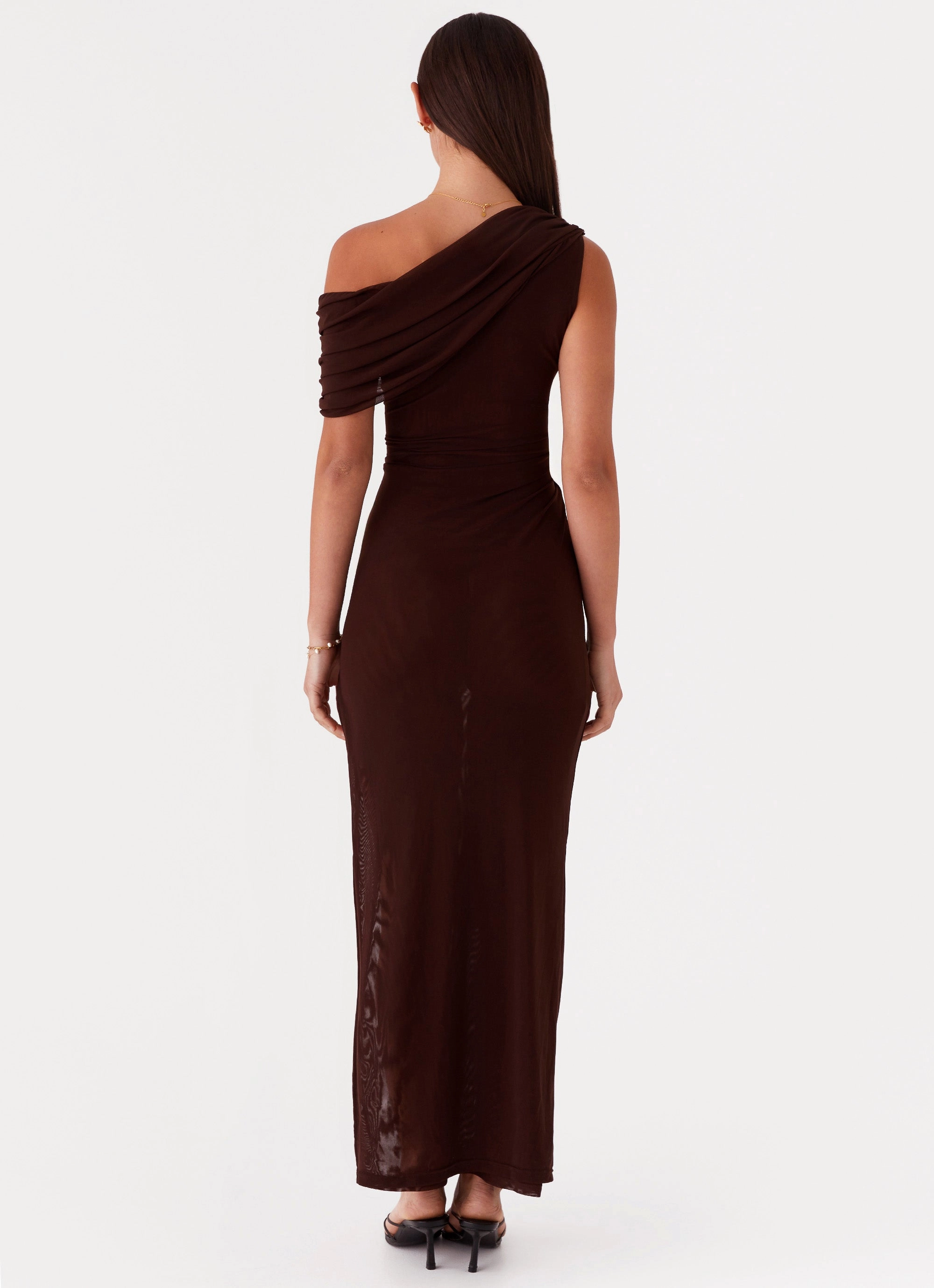 Romance Soul Ciara One Shoulder Draped Maxi Dress - Chocolate