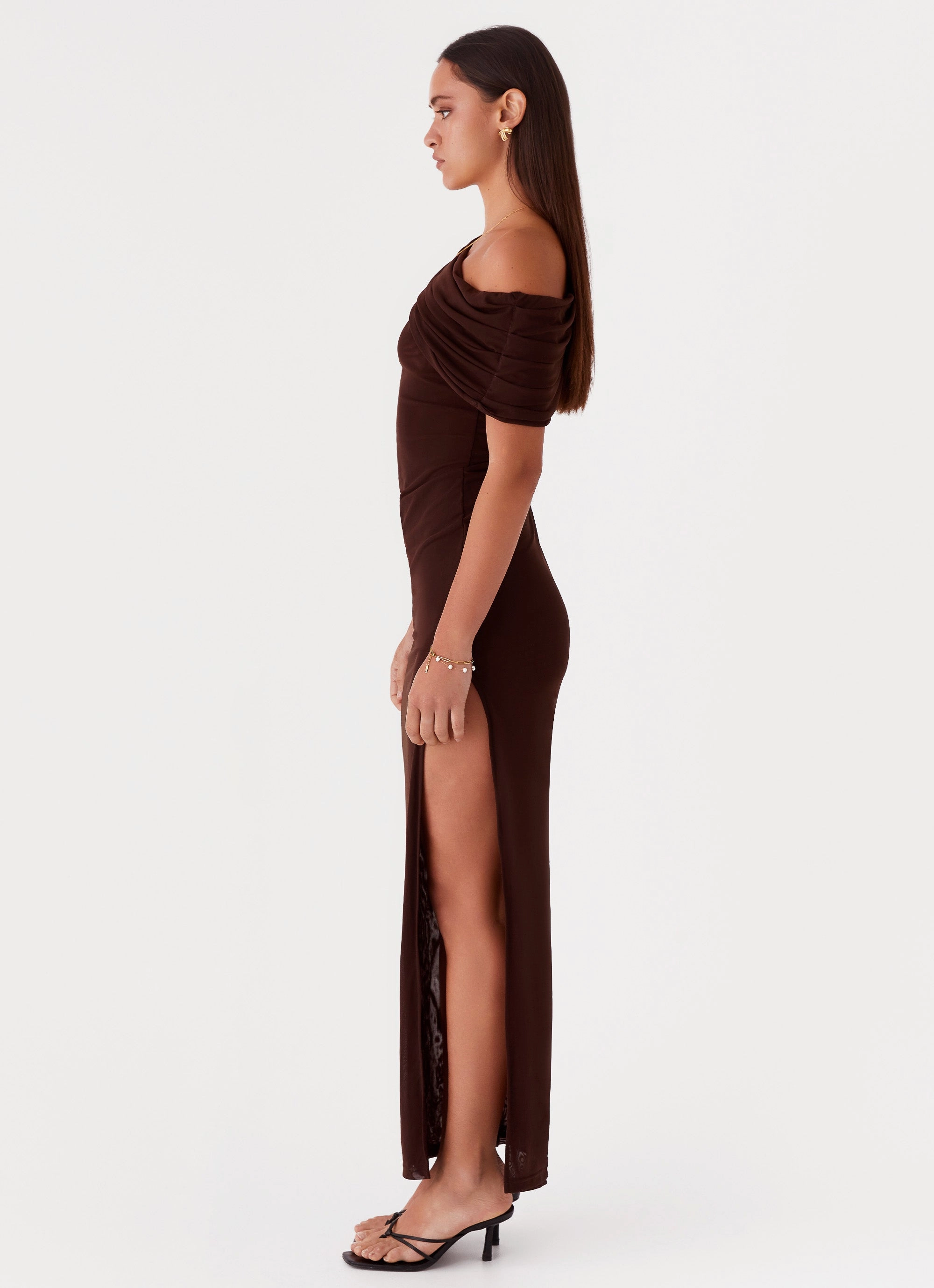Ciara One Shoulder Draped Maxi Dress - Chocolate Chic Waistband Semi Fit