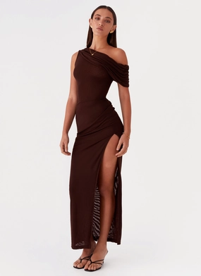 Ciara One Shoulder Draped Maxi Dress - Chocolate Balanced Tones Chic Direction