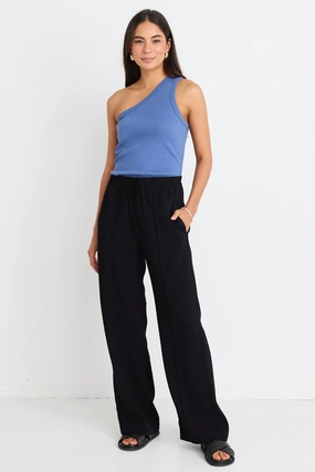 Civic Black Crepe Pintuck Leg Wide Pants Soft Comfort