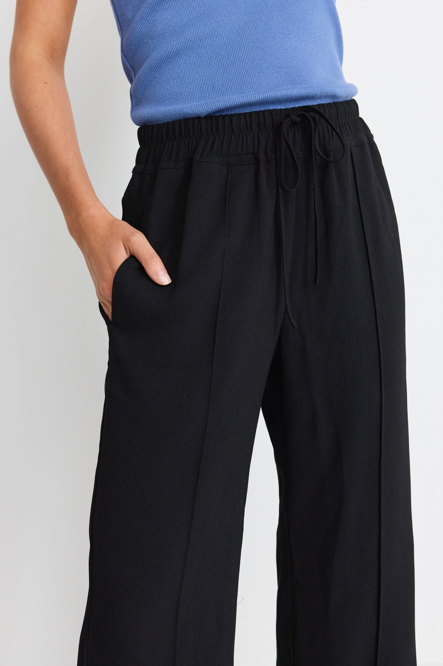 Civic Black Crepe Pintuck Leg Wide Pants StaticResistantMaterial