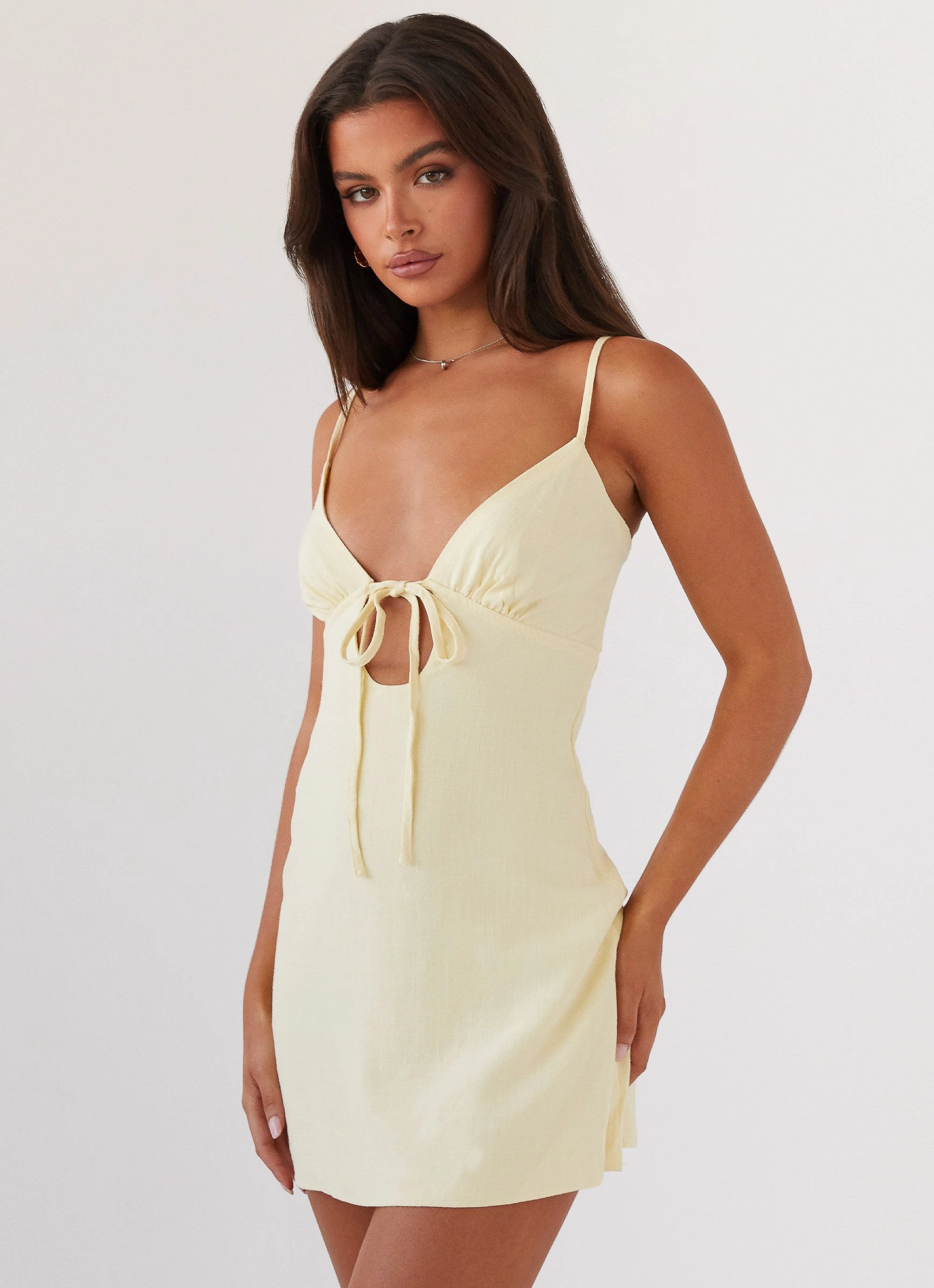 Flora Linen Mini Dress - Lemon Balanced Shape