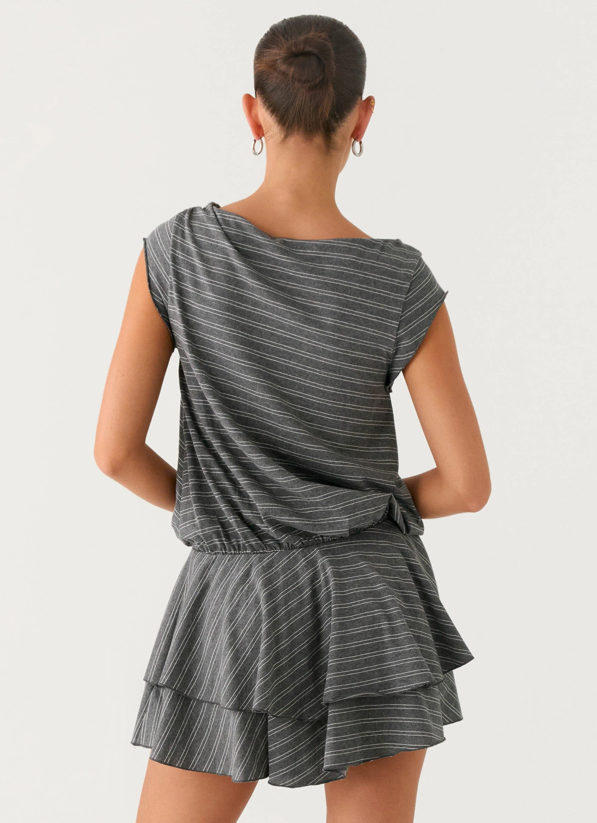 Eco Friendly Free Shape Bambola Wide Neck Mini Dress - Grey Marle Stripe